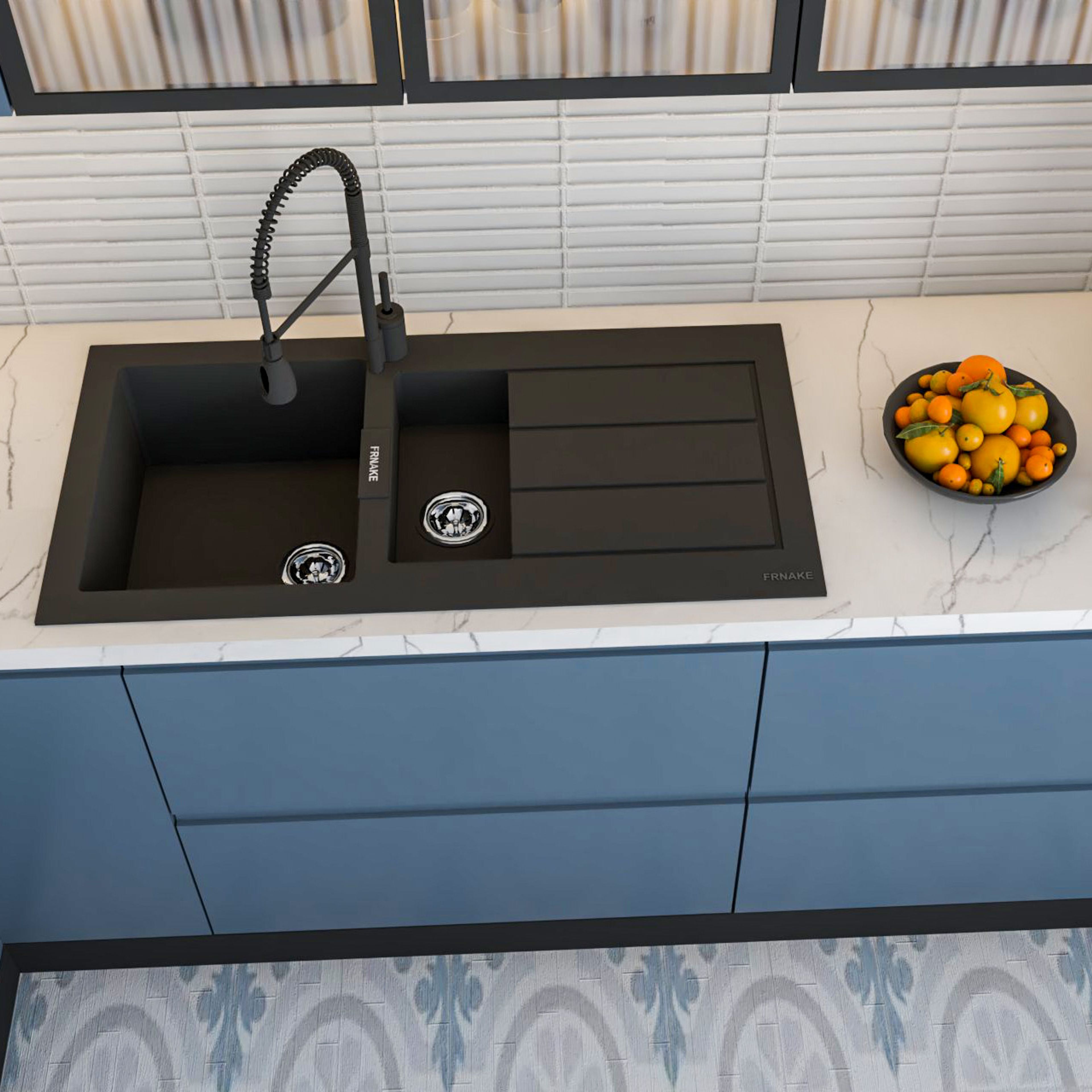 Top mount kitchen sink design in black quartz with double bowl & drain board - Livspace