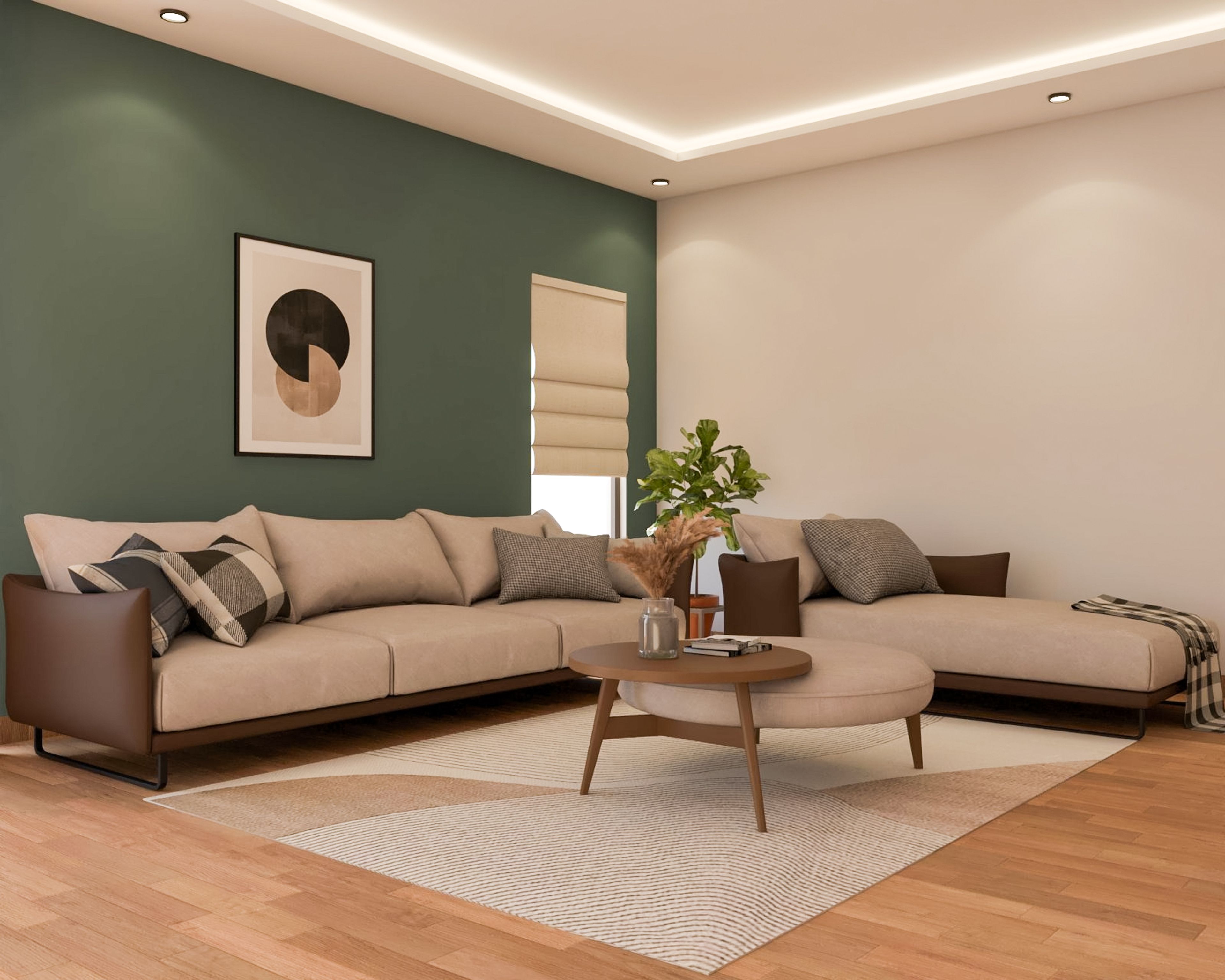 Contemporary Beige and Wood Living Room Design with L-Shaped Sofa Set and Wooden Coffee Table - Livspace