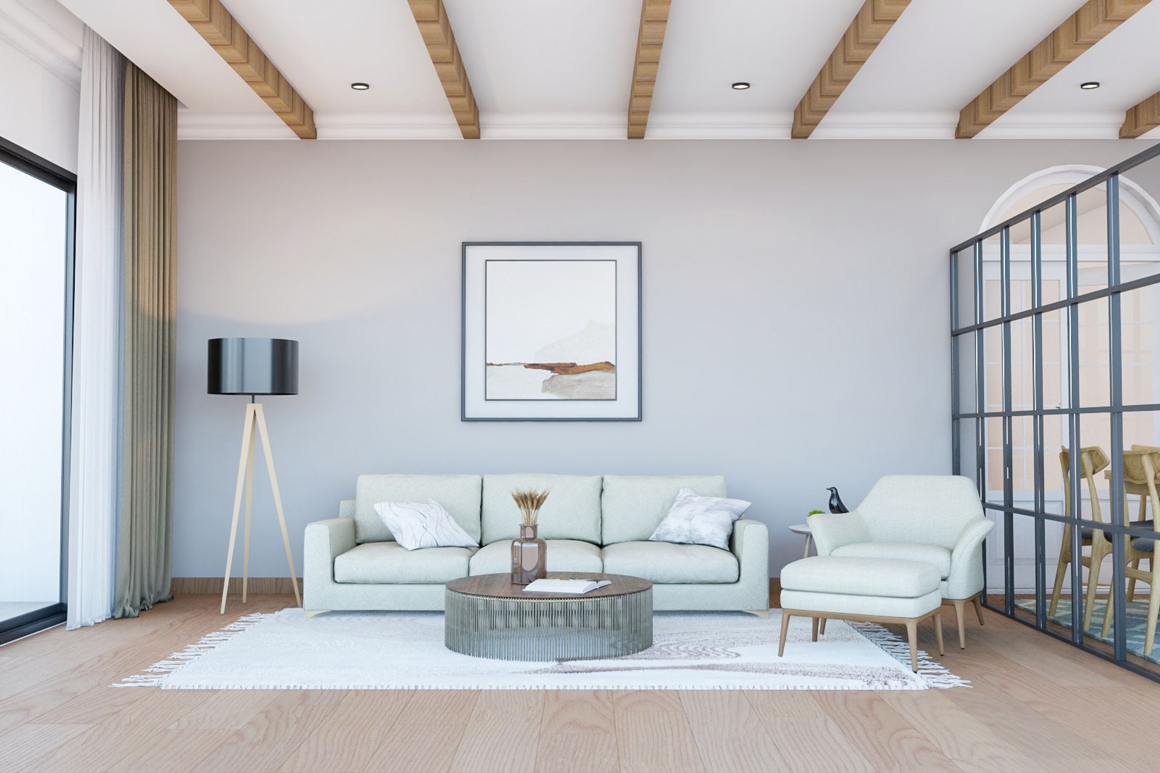 Solid Light Grey Wall Paint Design Paire With Light Mint Green Sofa Set - Livspace