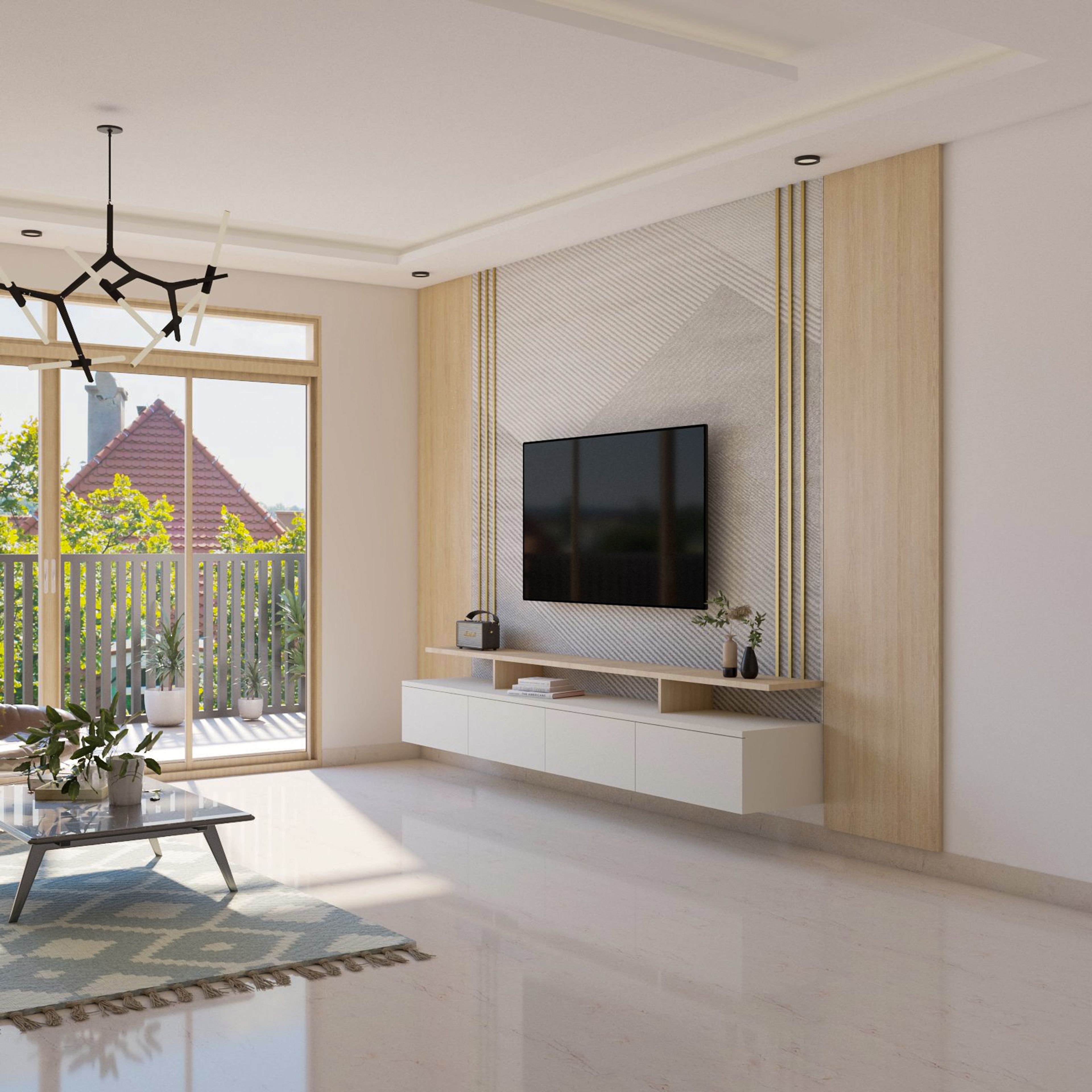 Wooden And White TV Console With Grey And White Back Panel, Golden T Pati And Wooden Panels - Livspace