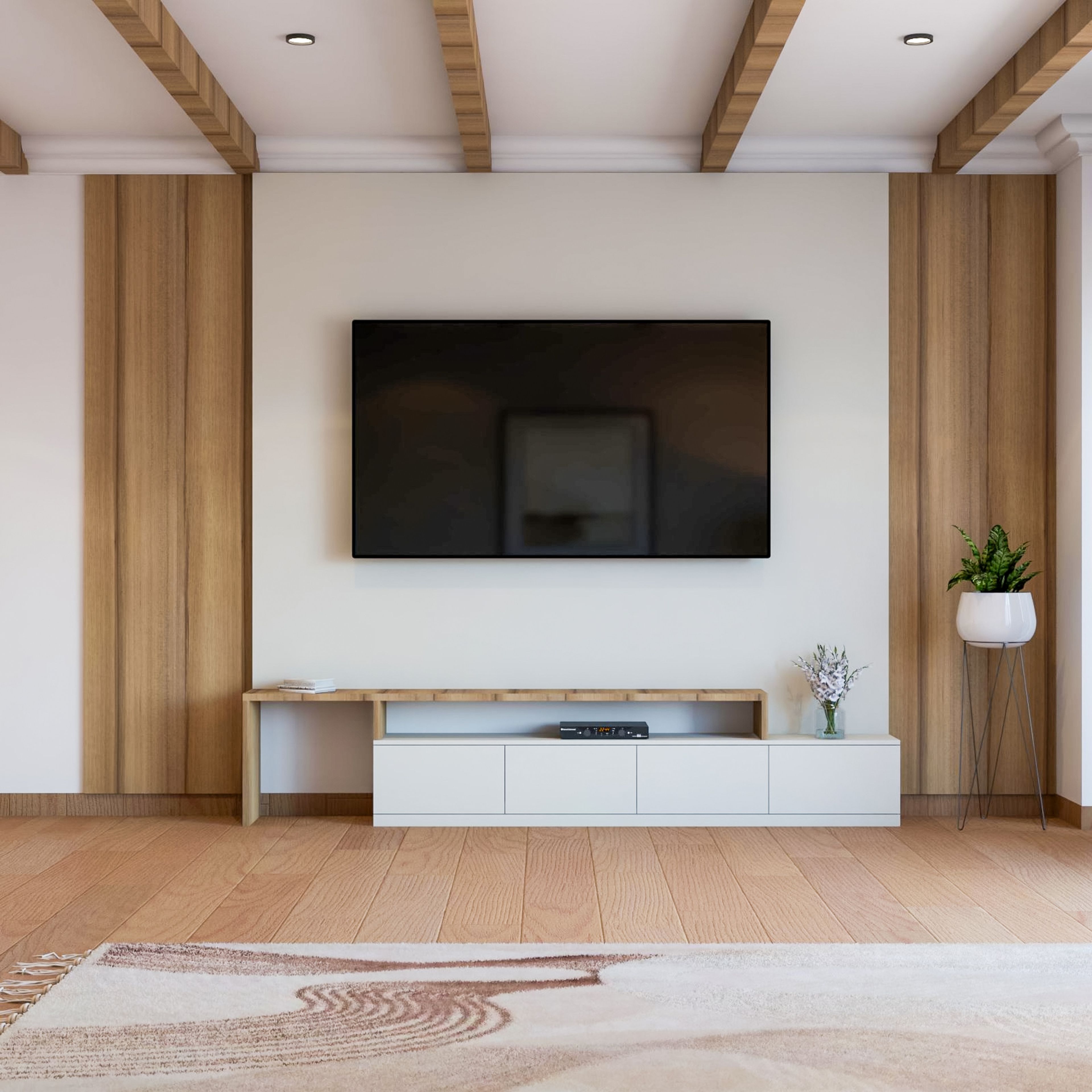 Floor-Mounted White And Brown Scandinavian TV Unit Design With Floor-Mounted Console, Wooden Side Panels And Wooden Ceiling Beams - Livspace