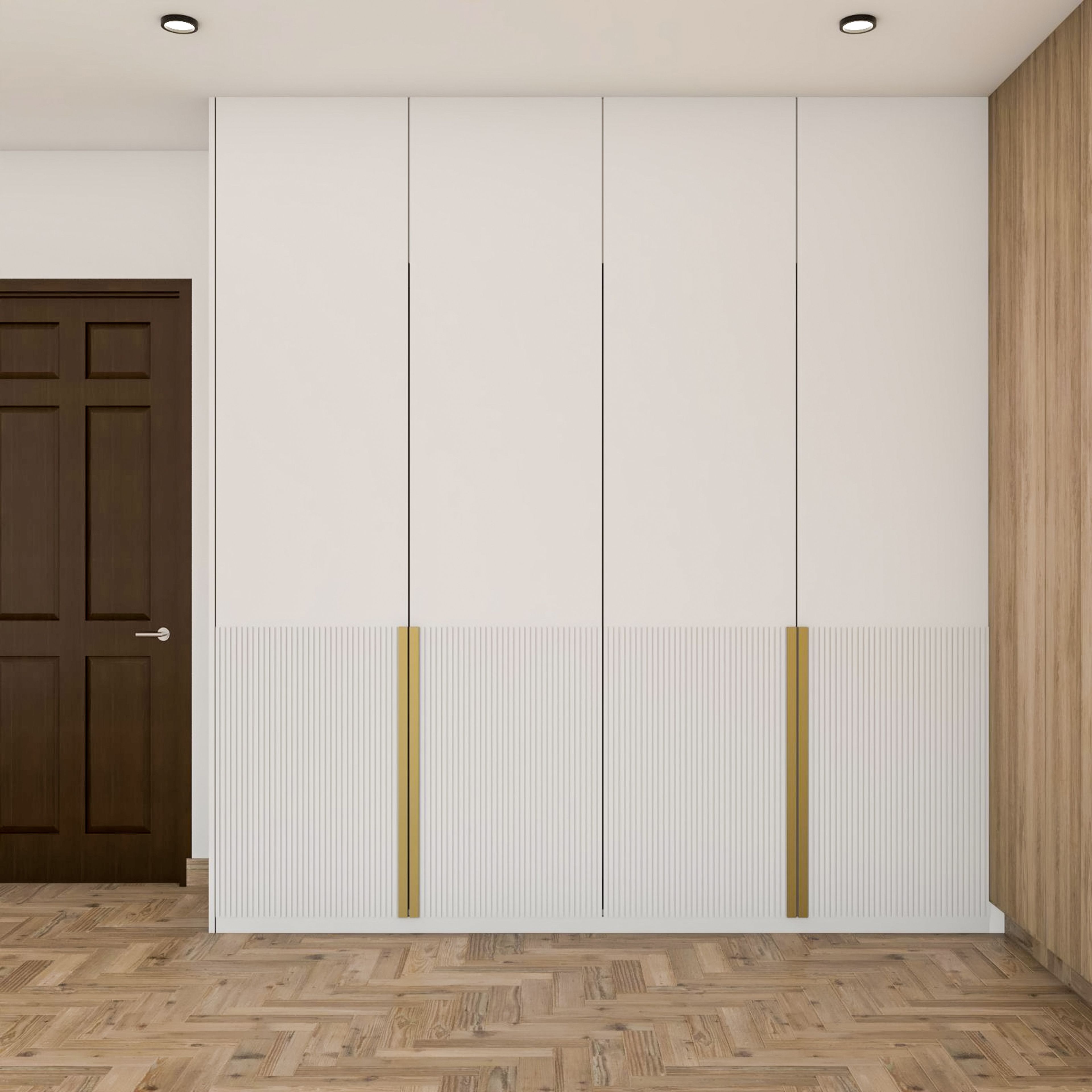 White And Brown Contemporary 4-Door Swing Wardrobe Design With Fluted Panelling And Brown Handles - Livspace