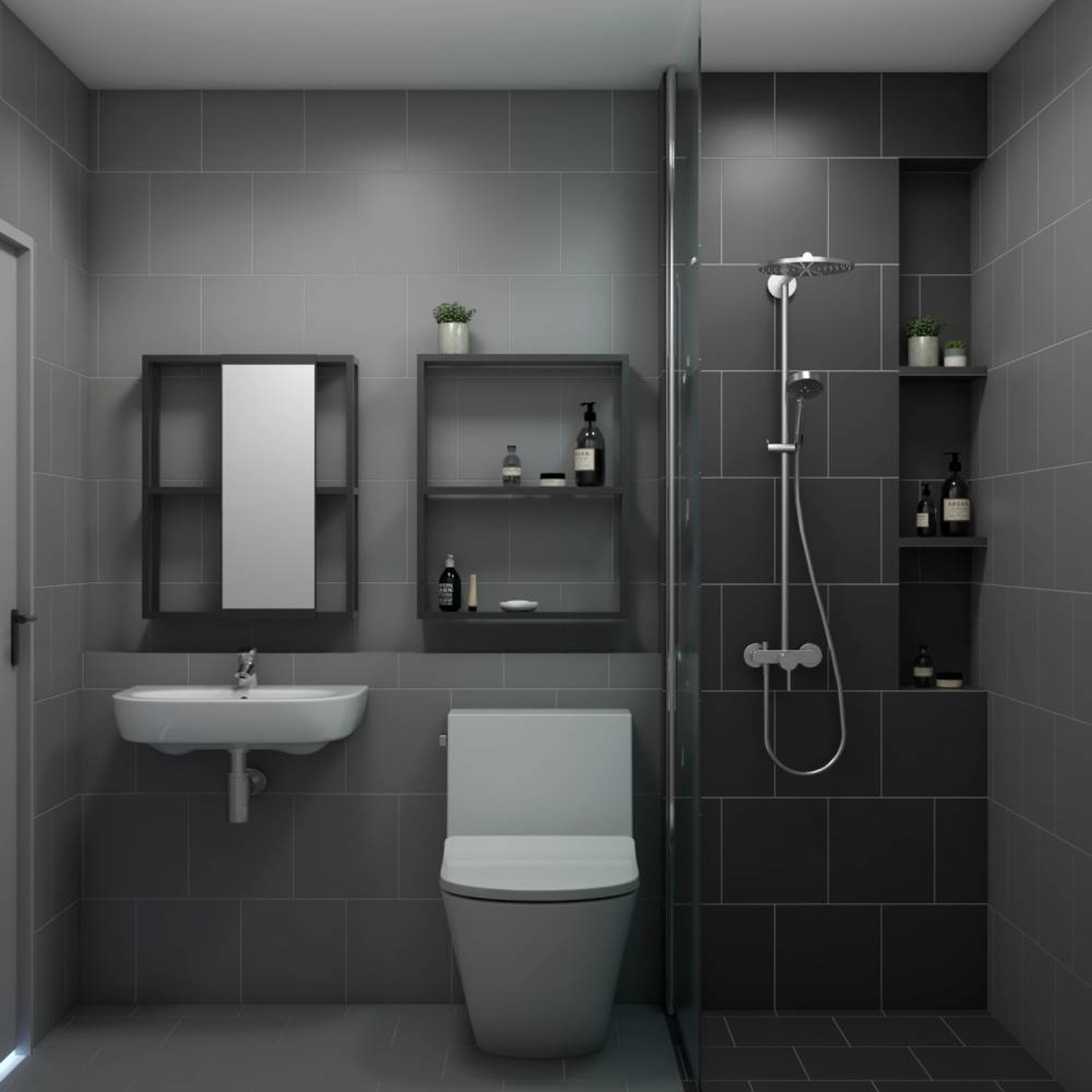 20 m²  Dark Grey Bathroom Design With Glass Partition And Wall-Mounted Storage - Livspace