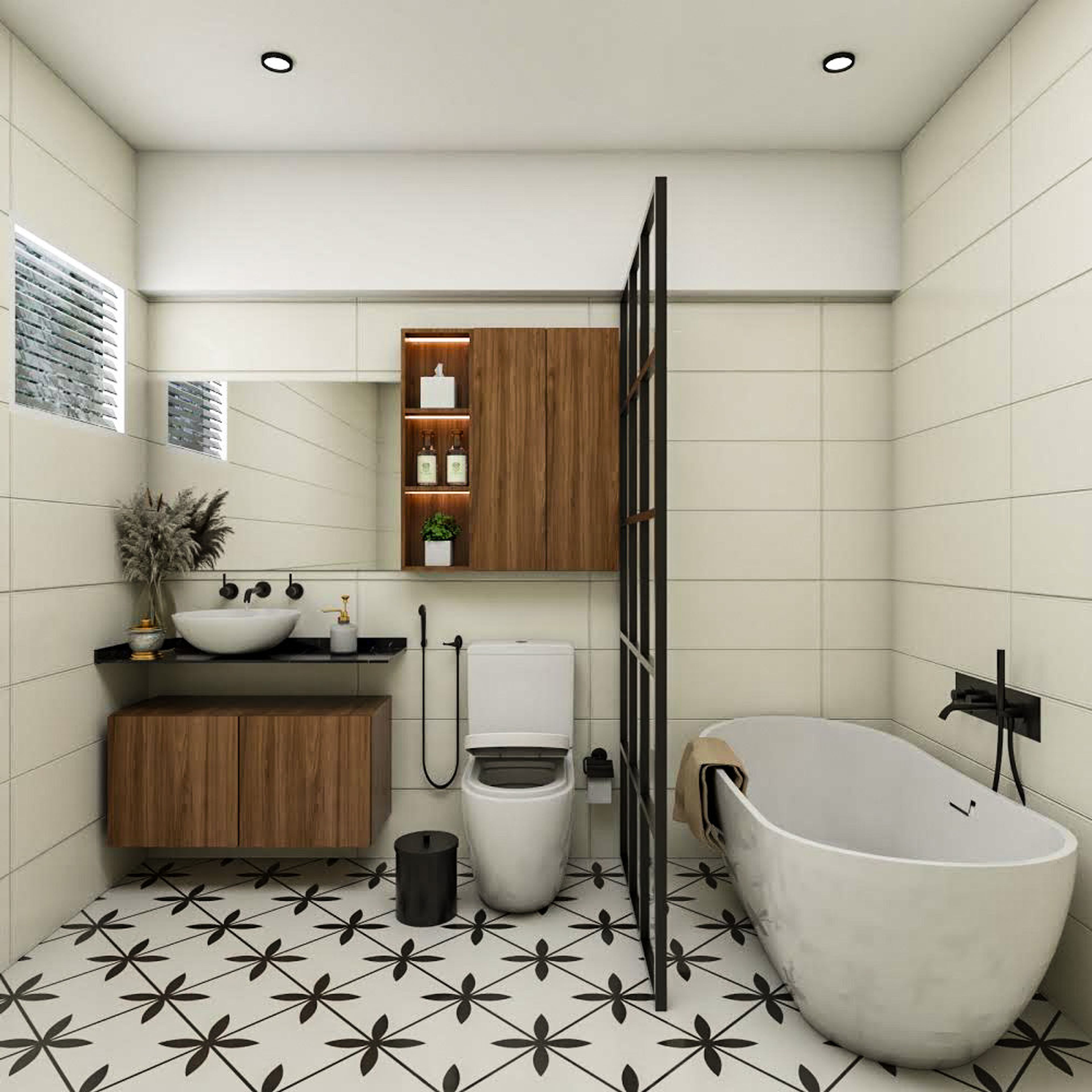 Black And White Bathroom Design With Printed Flooring And Bathtub - Livspace