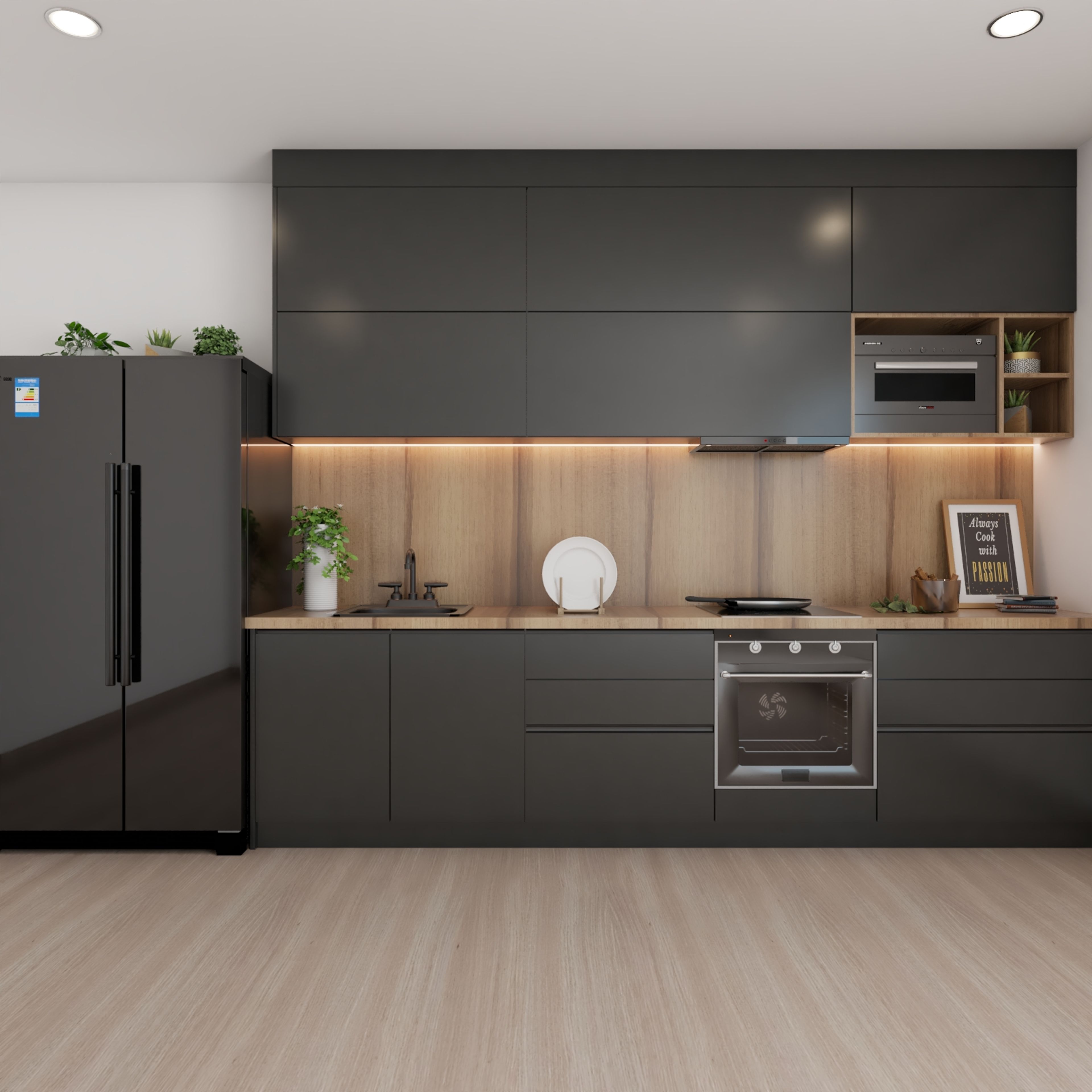 Grey Straight Kitchen Design With Resin Panel - Livspace