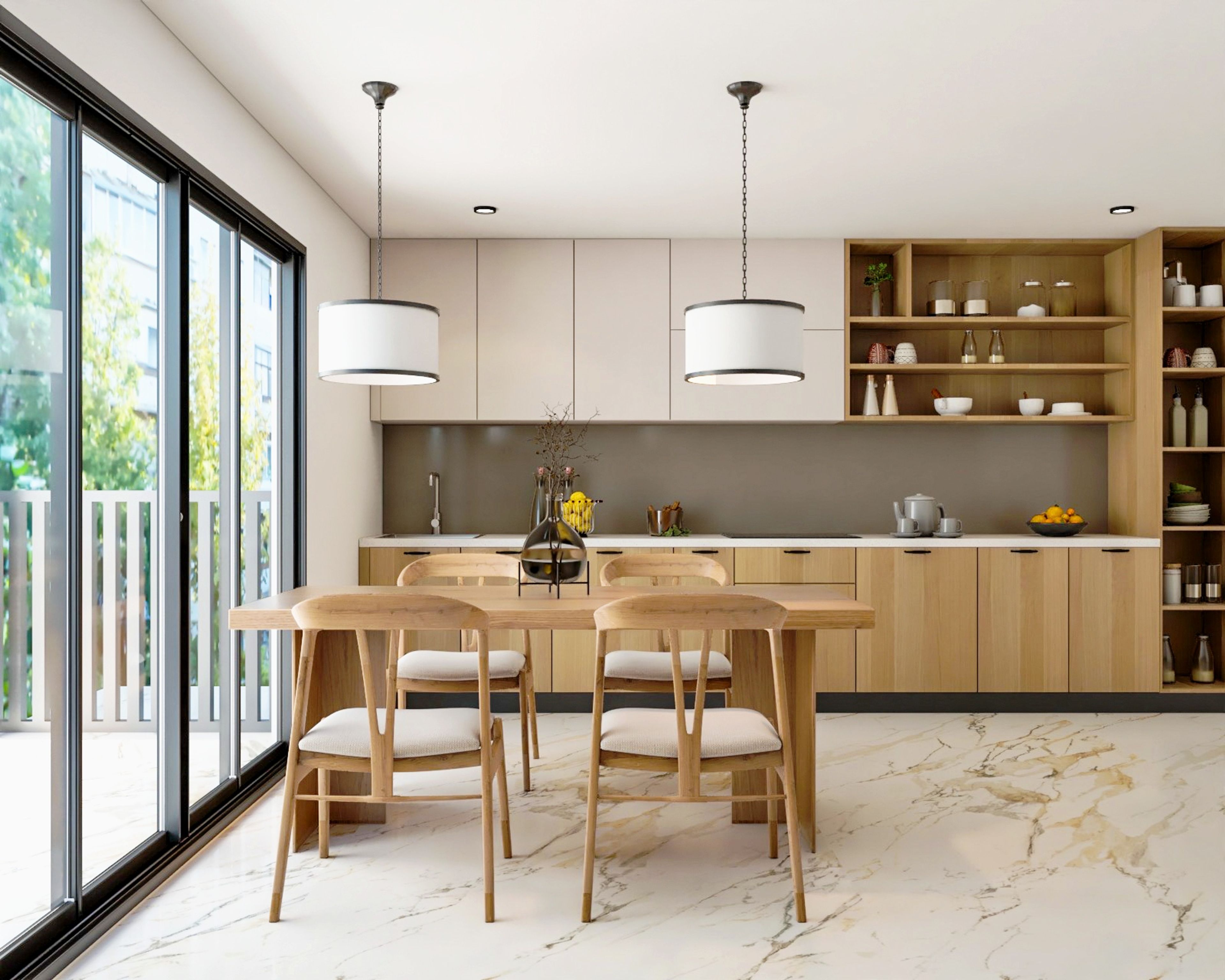 White Marble With Grey-Brown Veining For Kitchen Floor Tiles - Livspace