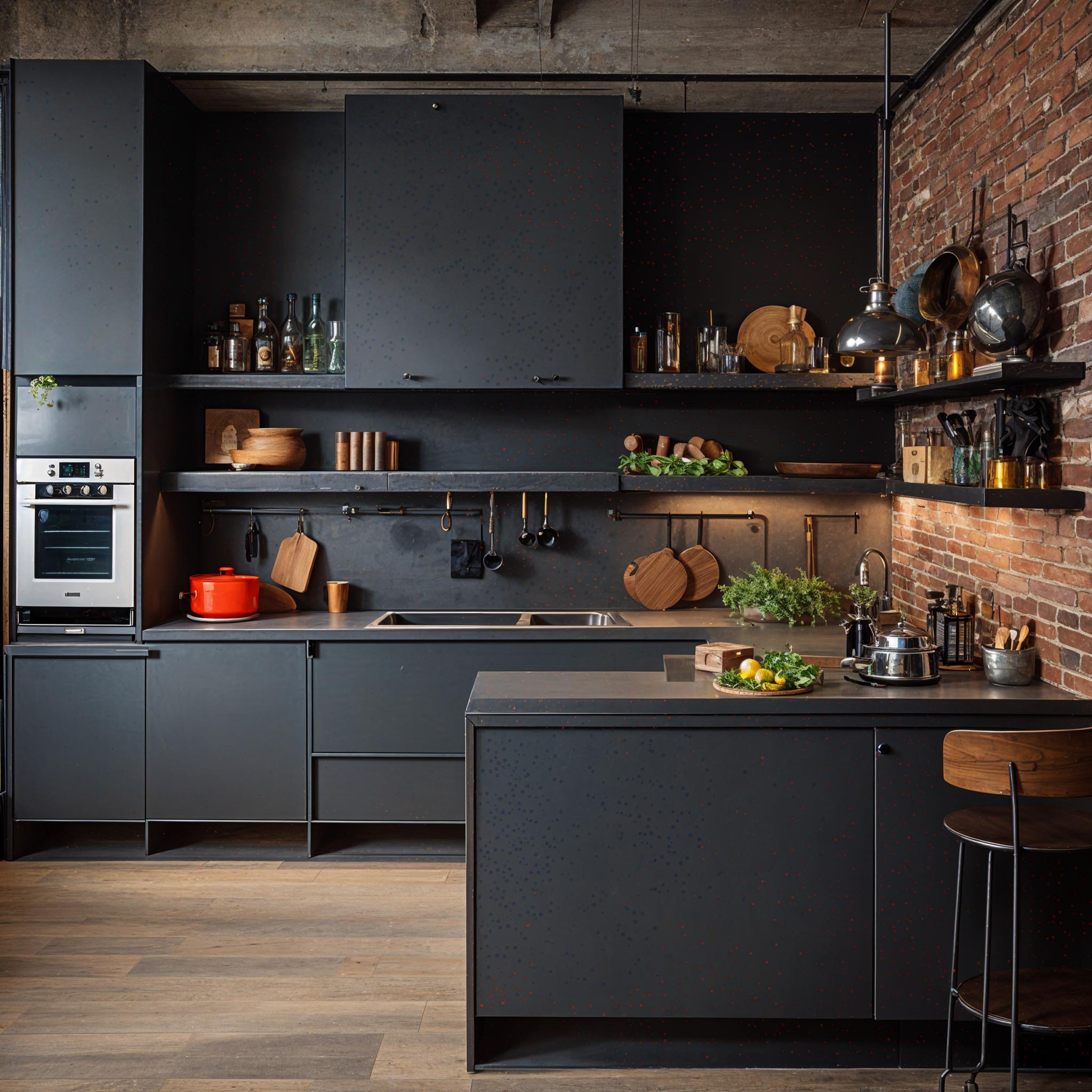 Rustic U shaped kitchen design in dark grey tone & brick cladding - Livspace