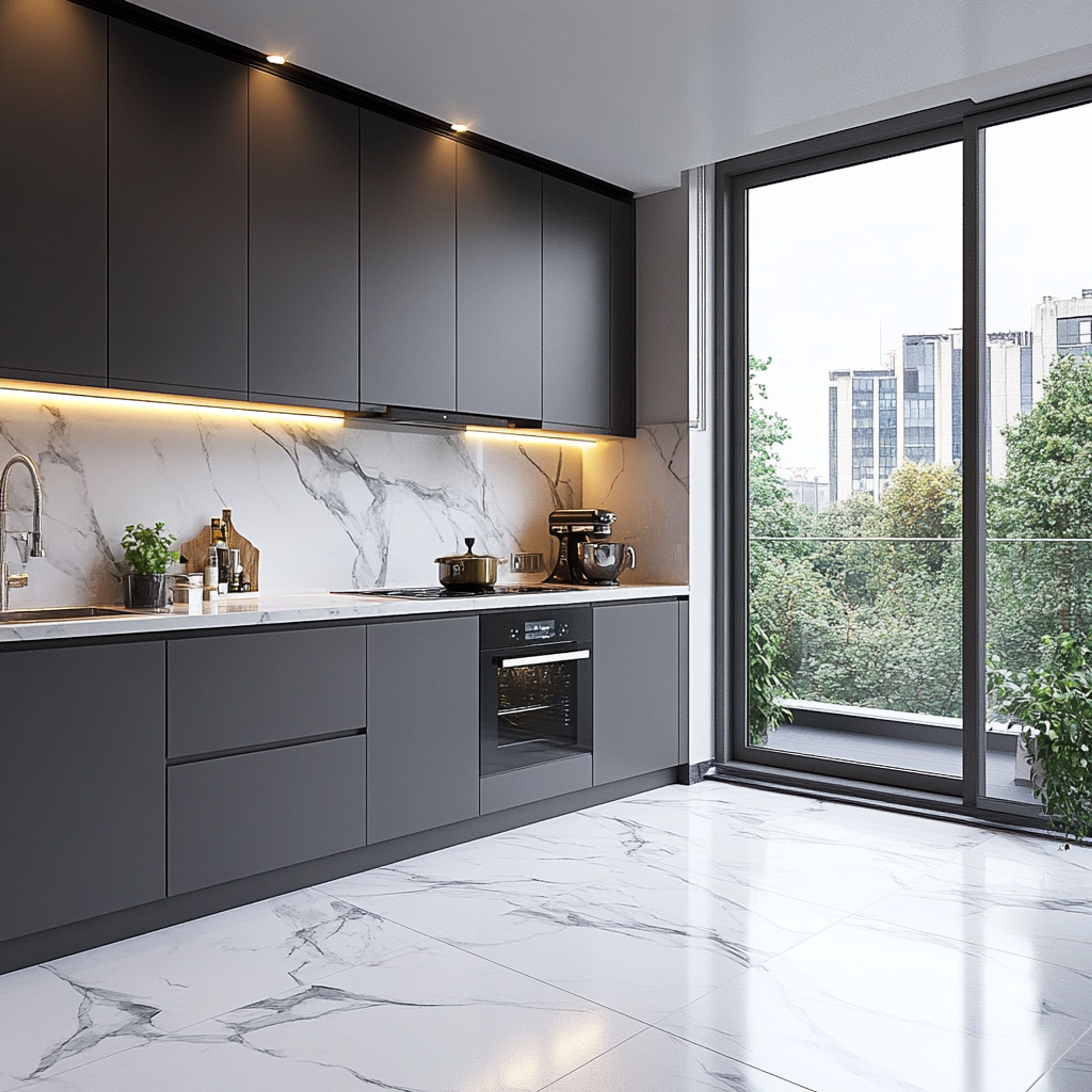 Black Straight Kitchen Design with Profile Shutters