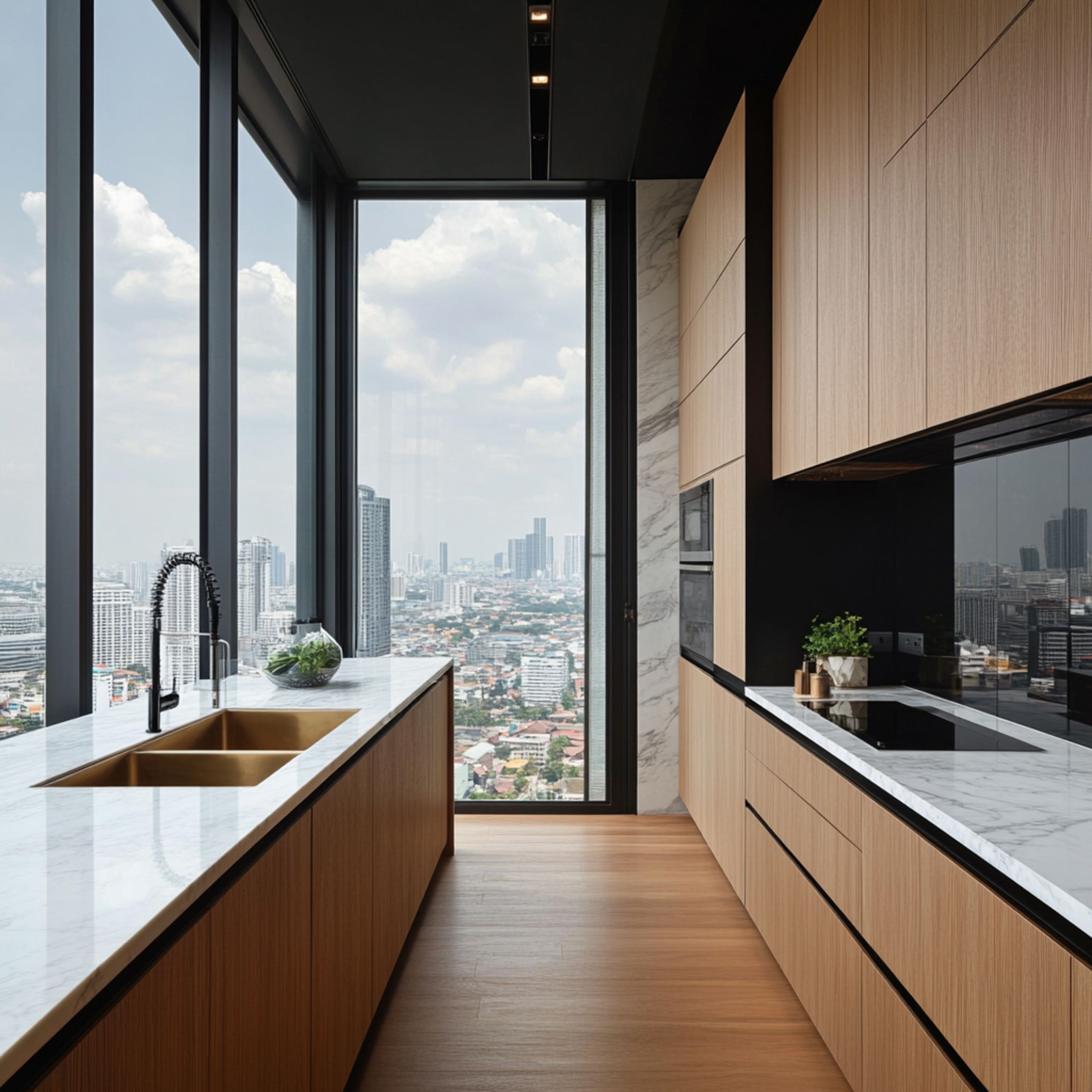 Parallel Kitchen Design with Rich Wood Cabinets