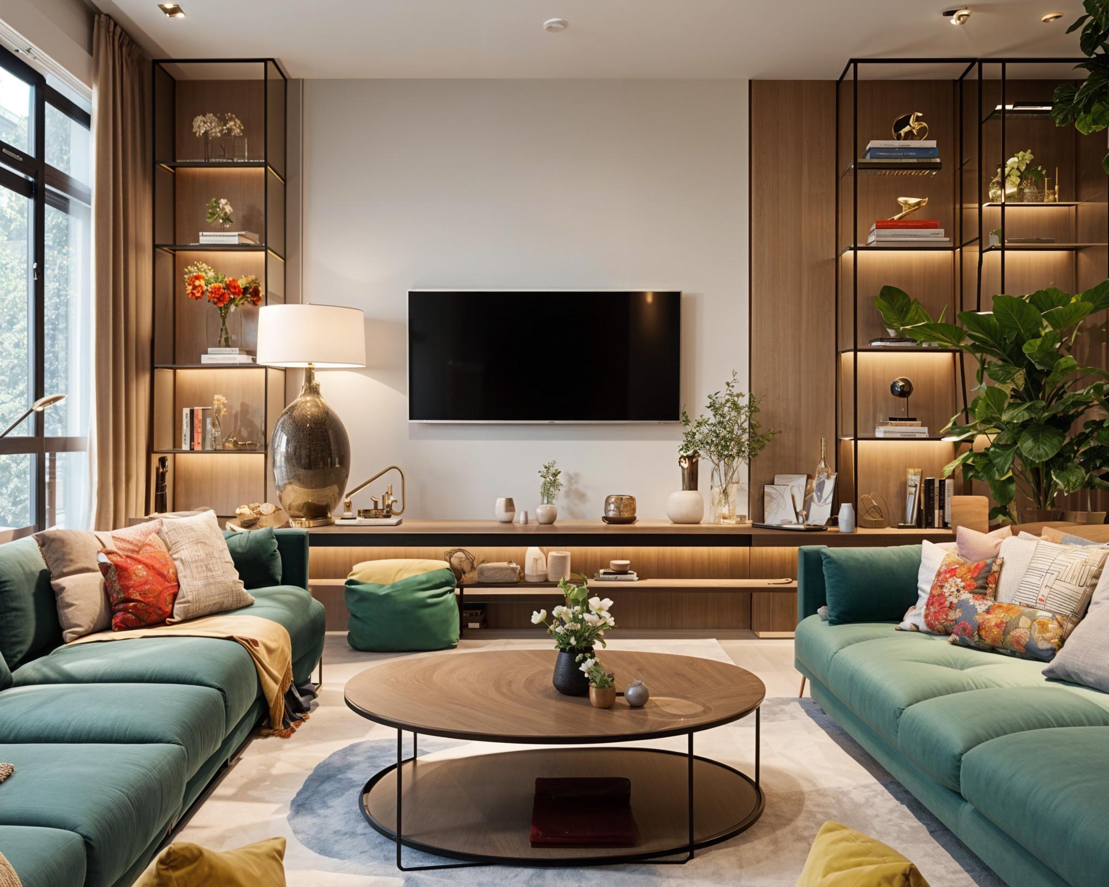 Modern living room design with wooden table, green sofa, & open storage TV unit - Livspace