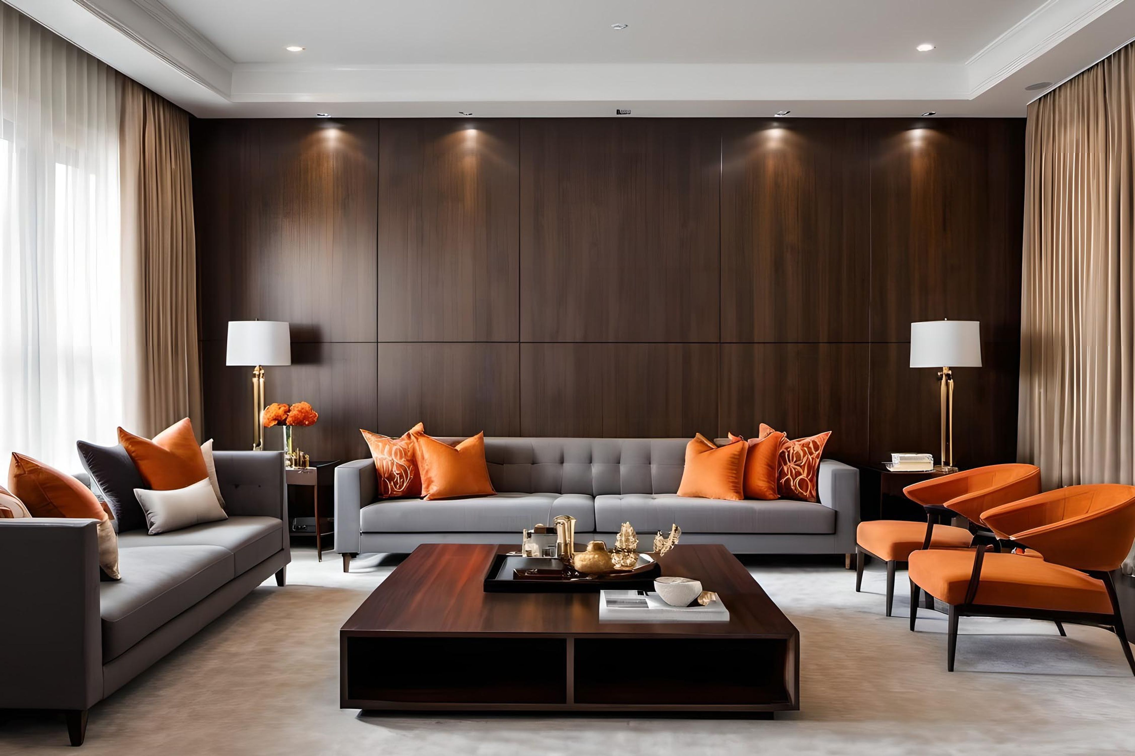 Modern living room design for large families with grey sofa & orange chairs - Livspace