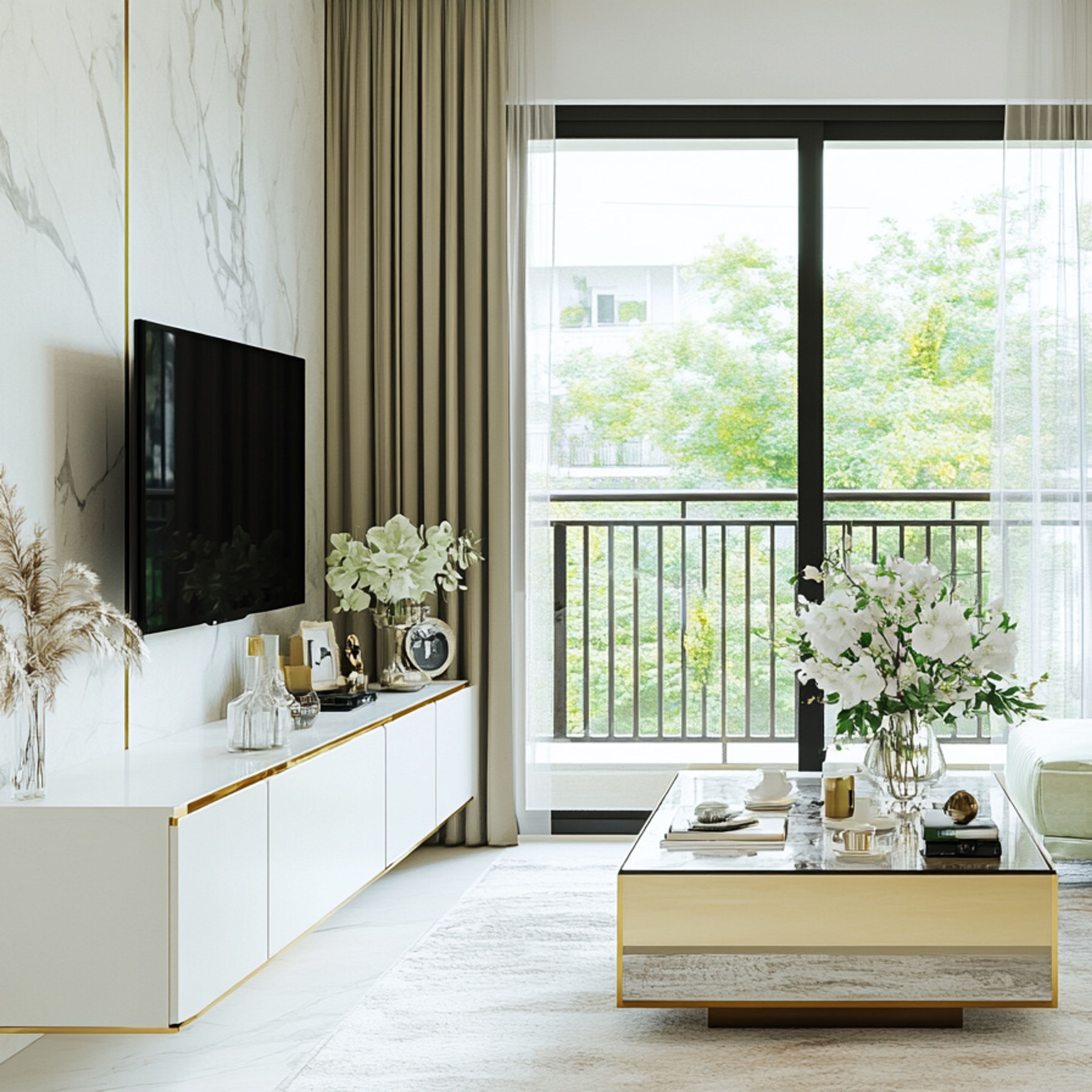 White TV Unit Design with Gold Accents