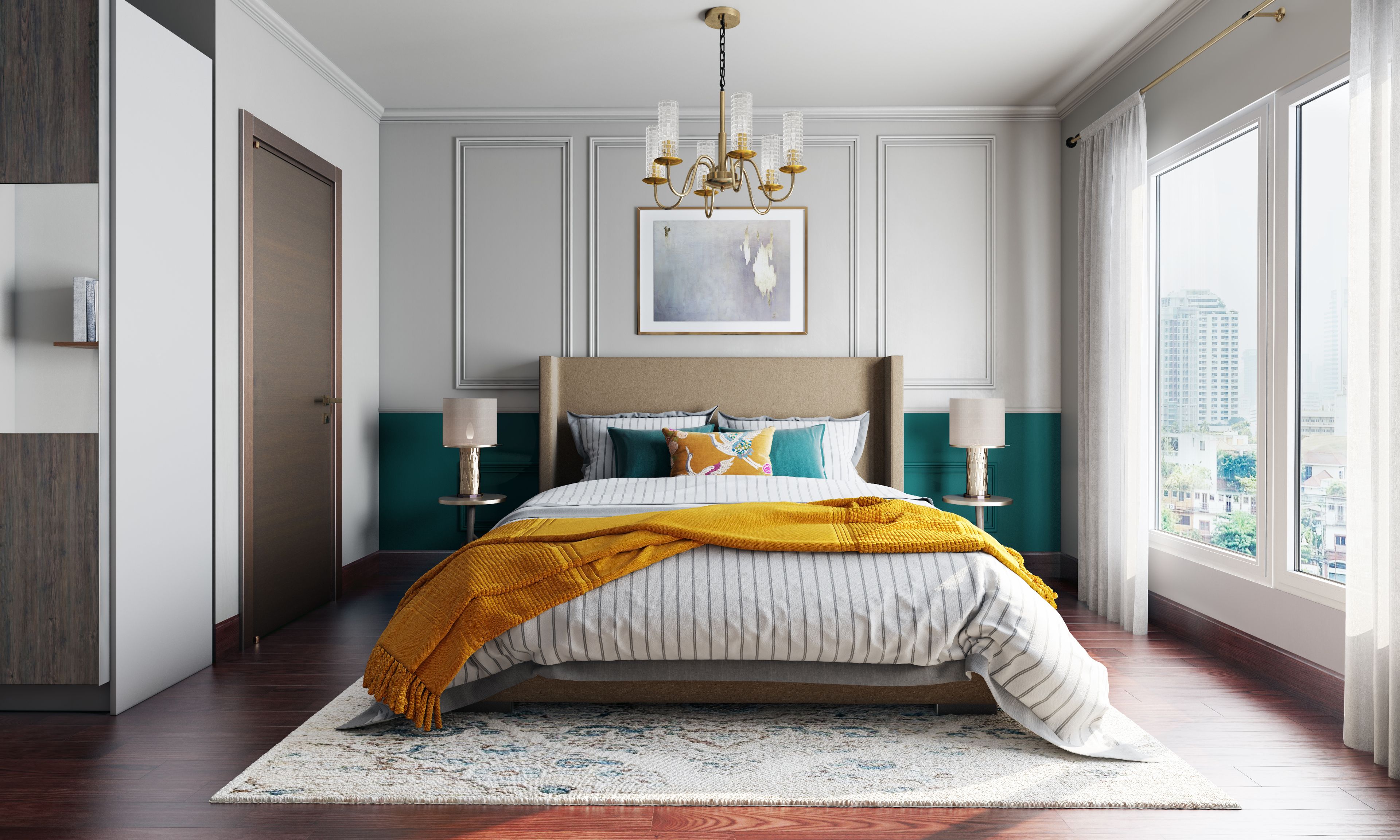 Modern Asymmetry Master Bedroom With Blue And Grey Paint