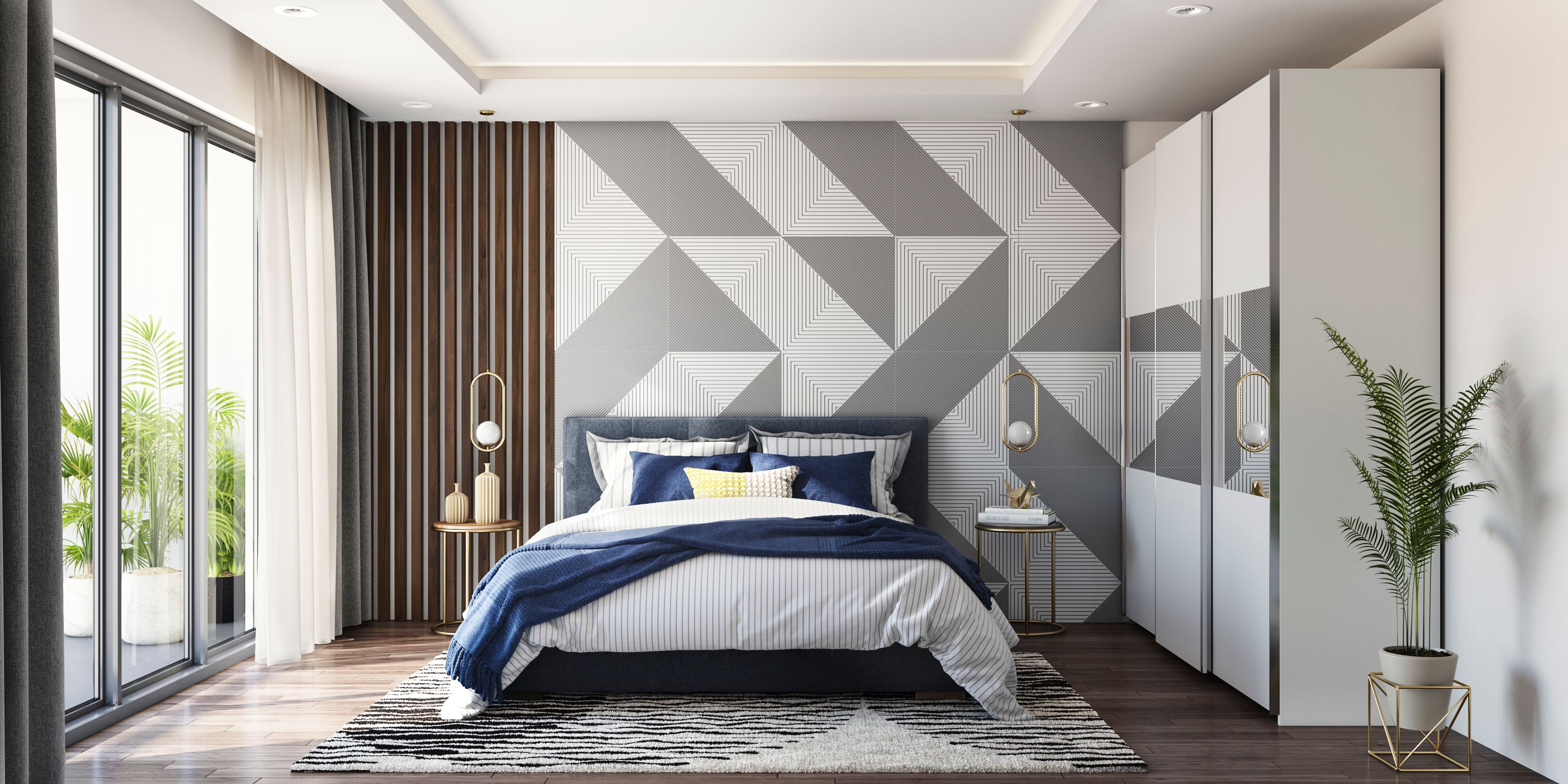 Simple Master Bedroom With Wooden Rafters With Wallpaper