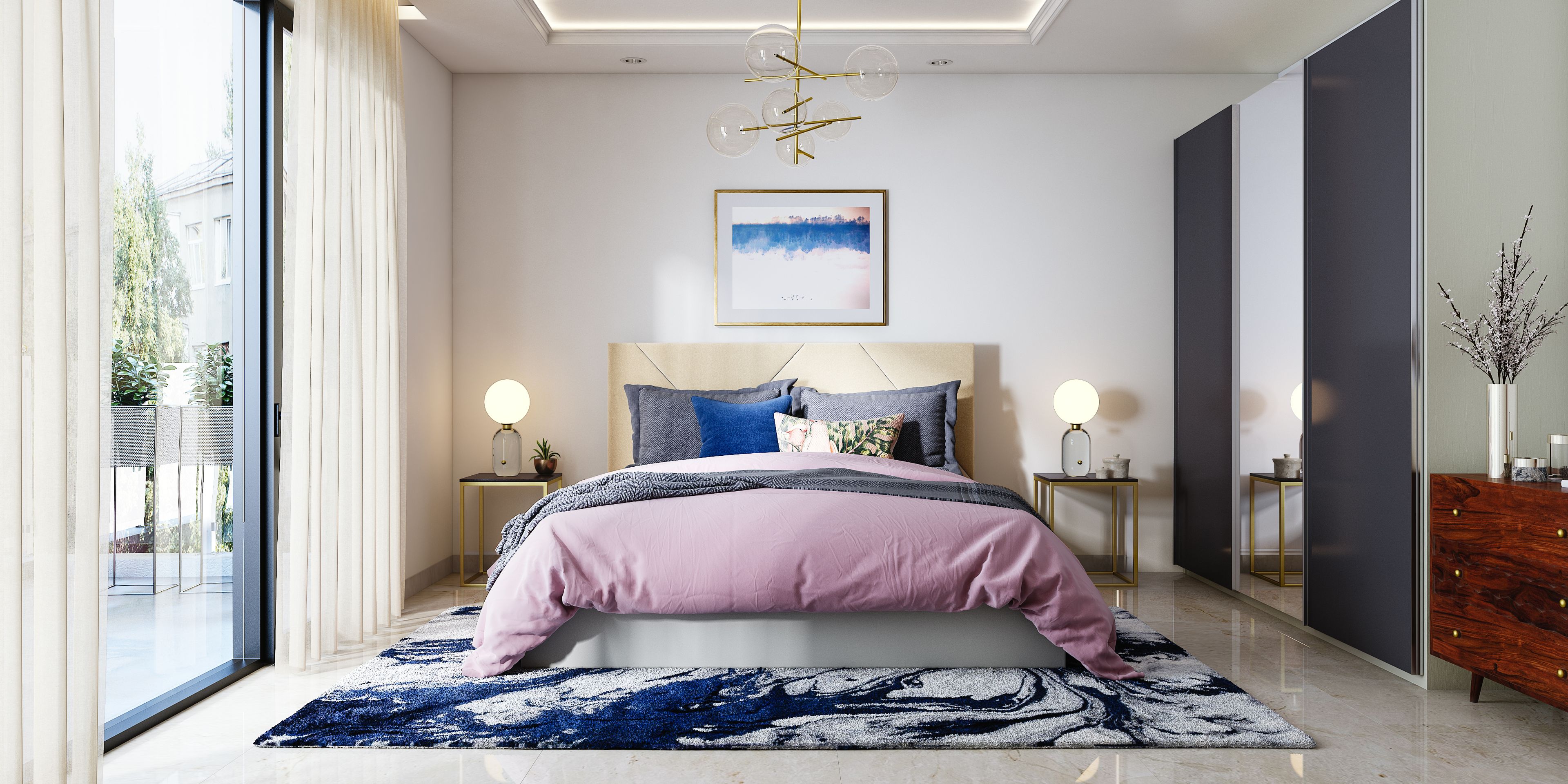 Simple Master Bedroom With Golden Frame Wall Art