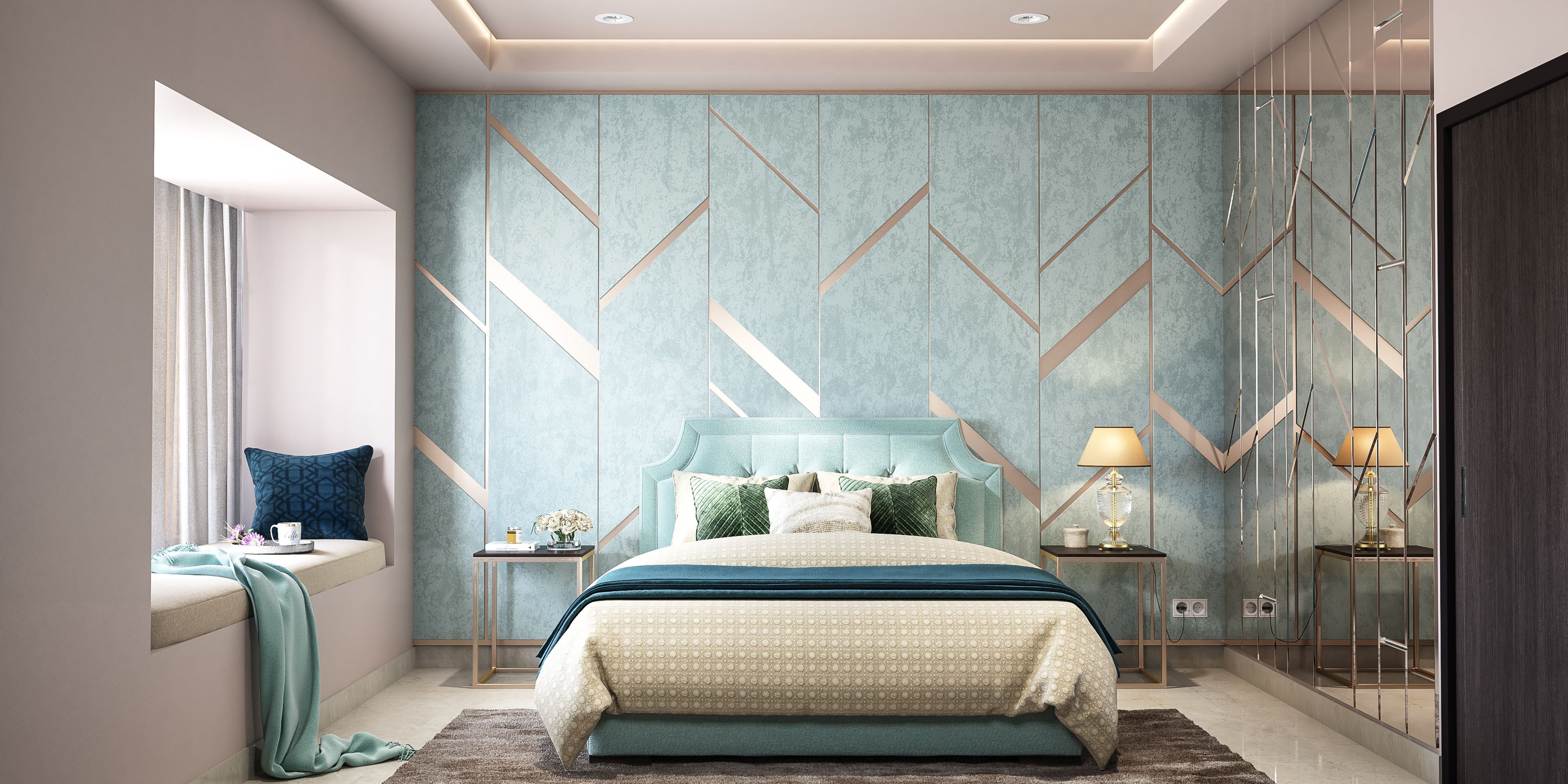 Small Master Bedroom With Accent Wall WIth Mirrors & Grooves