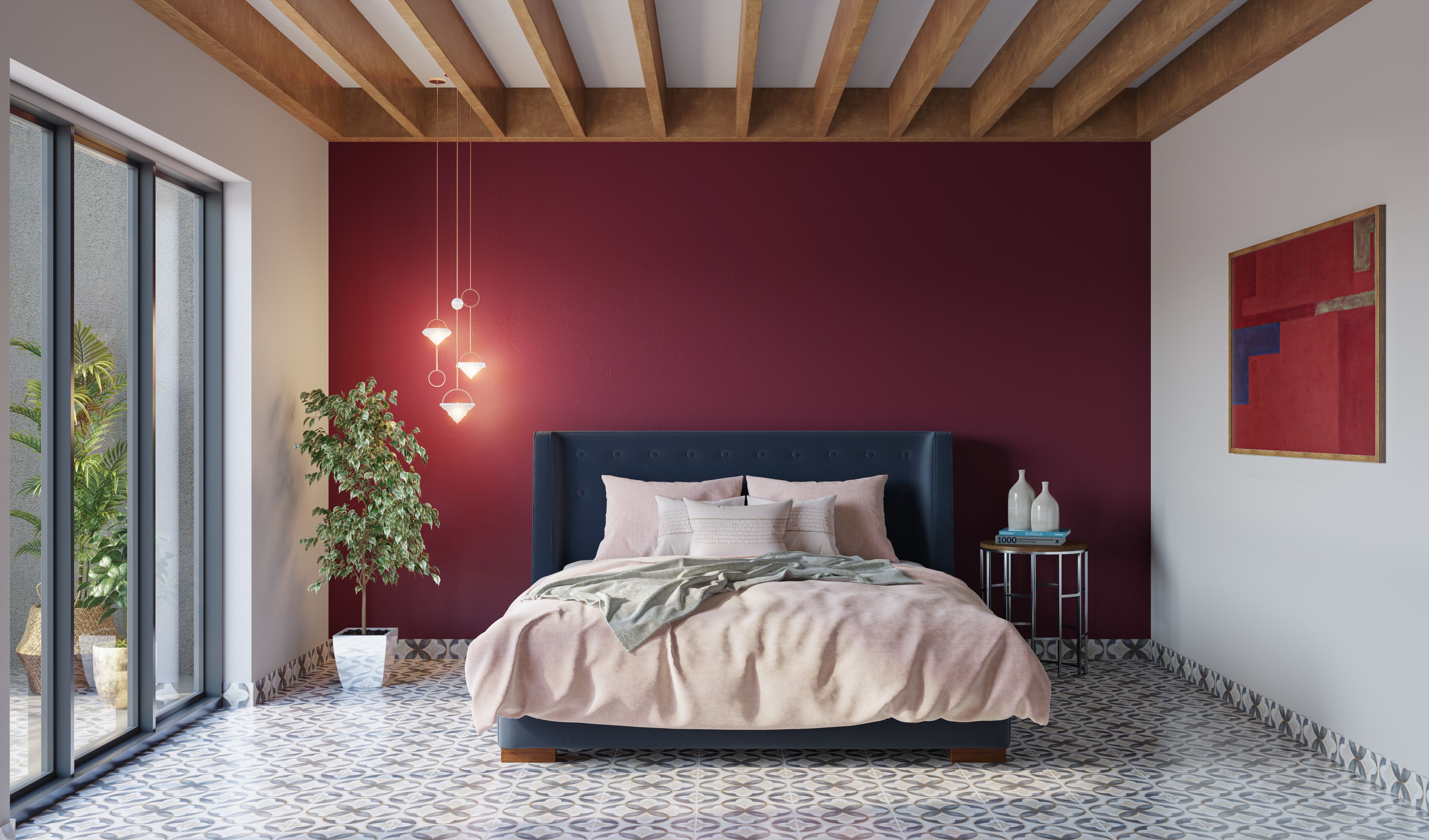 Modern Master Bedroom With Maroon Walls And Hanging Lights