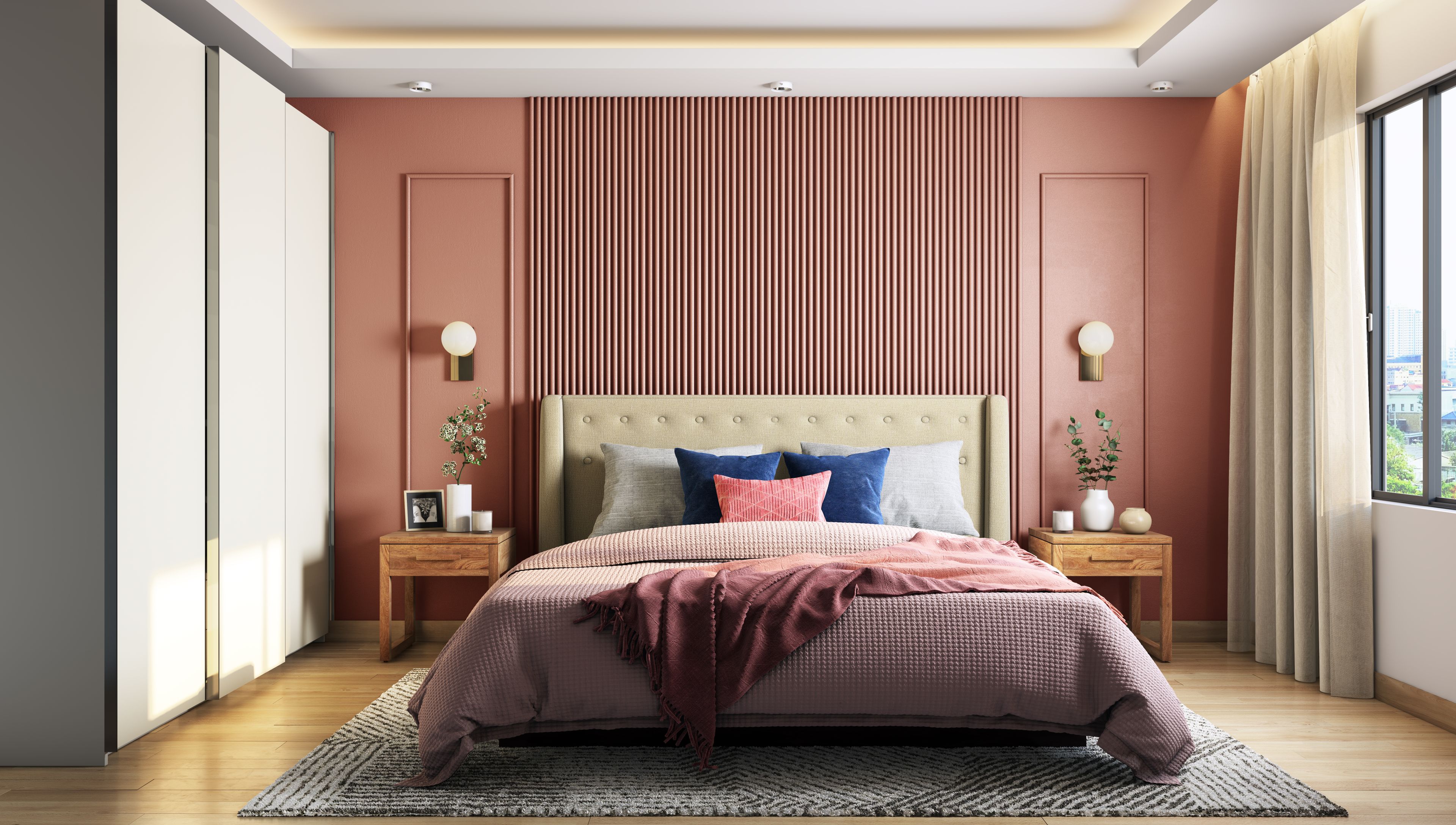 Simple Master Bedroom With Dark Marble Textured Panel