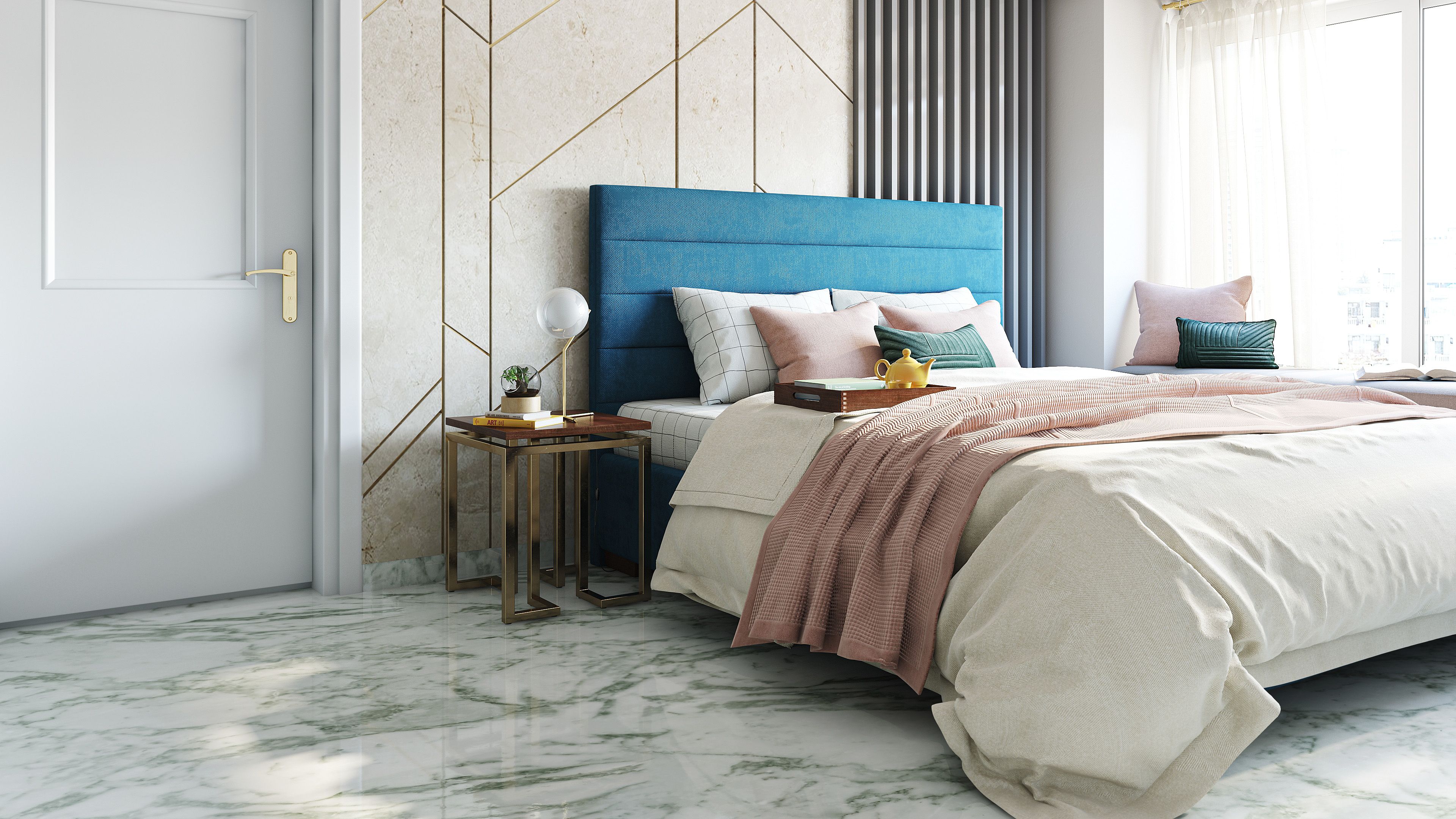 Master Bedroom With Little Niche And Wooden Wall Trims