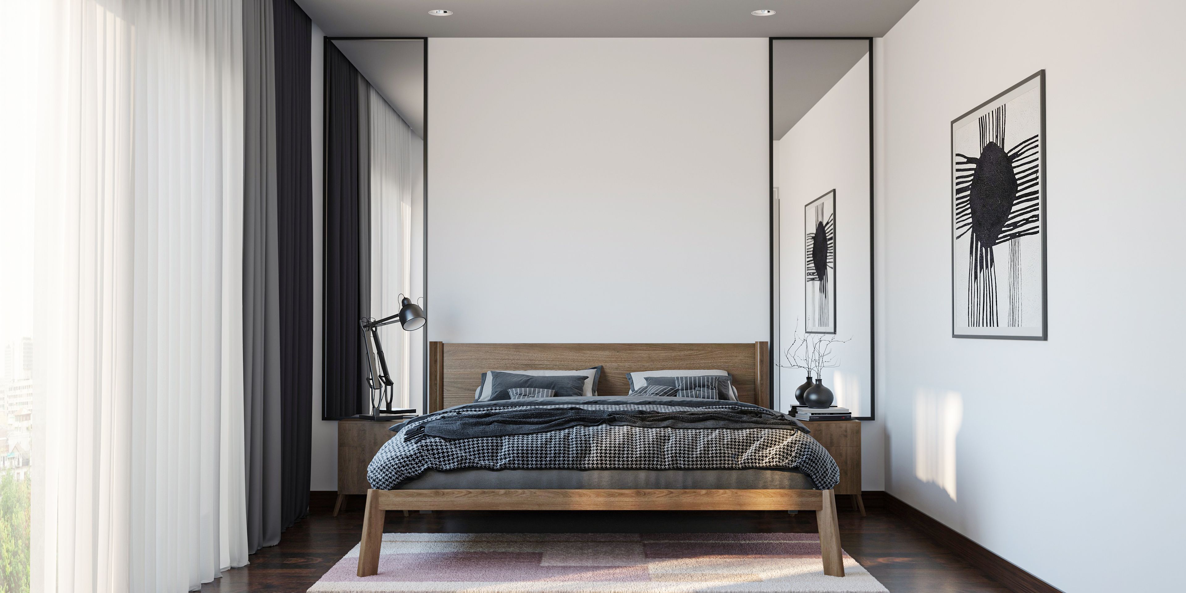 Spacious Master Bedroom With Full Length Mirrors On Bed Sides