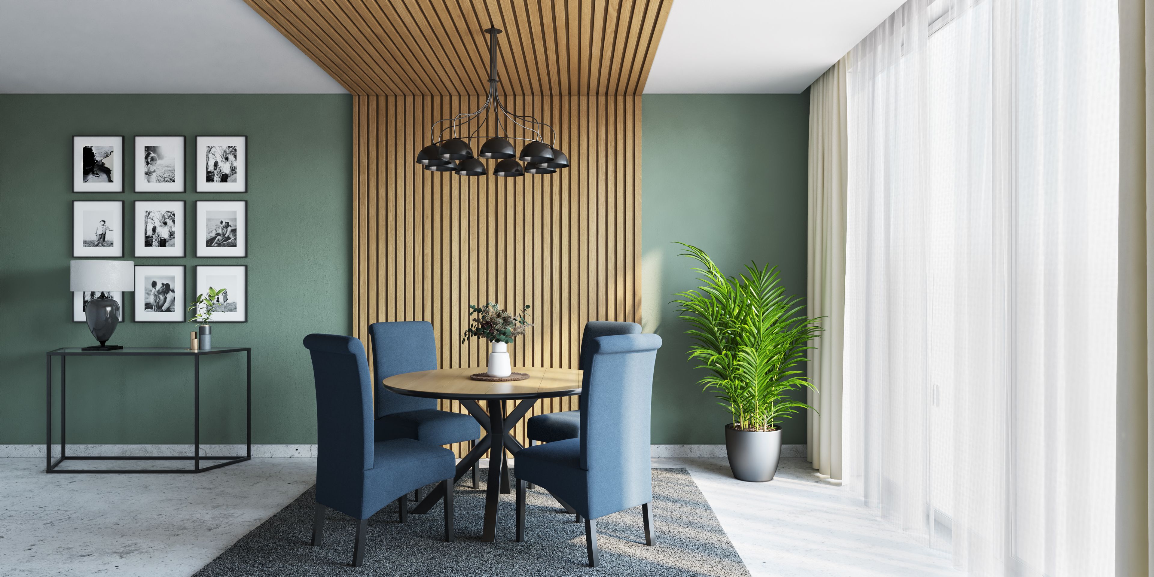 Modern Dining Room With Wooden Rafters