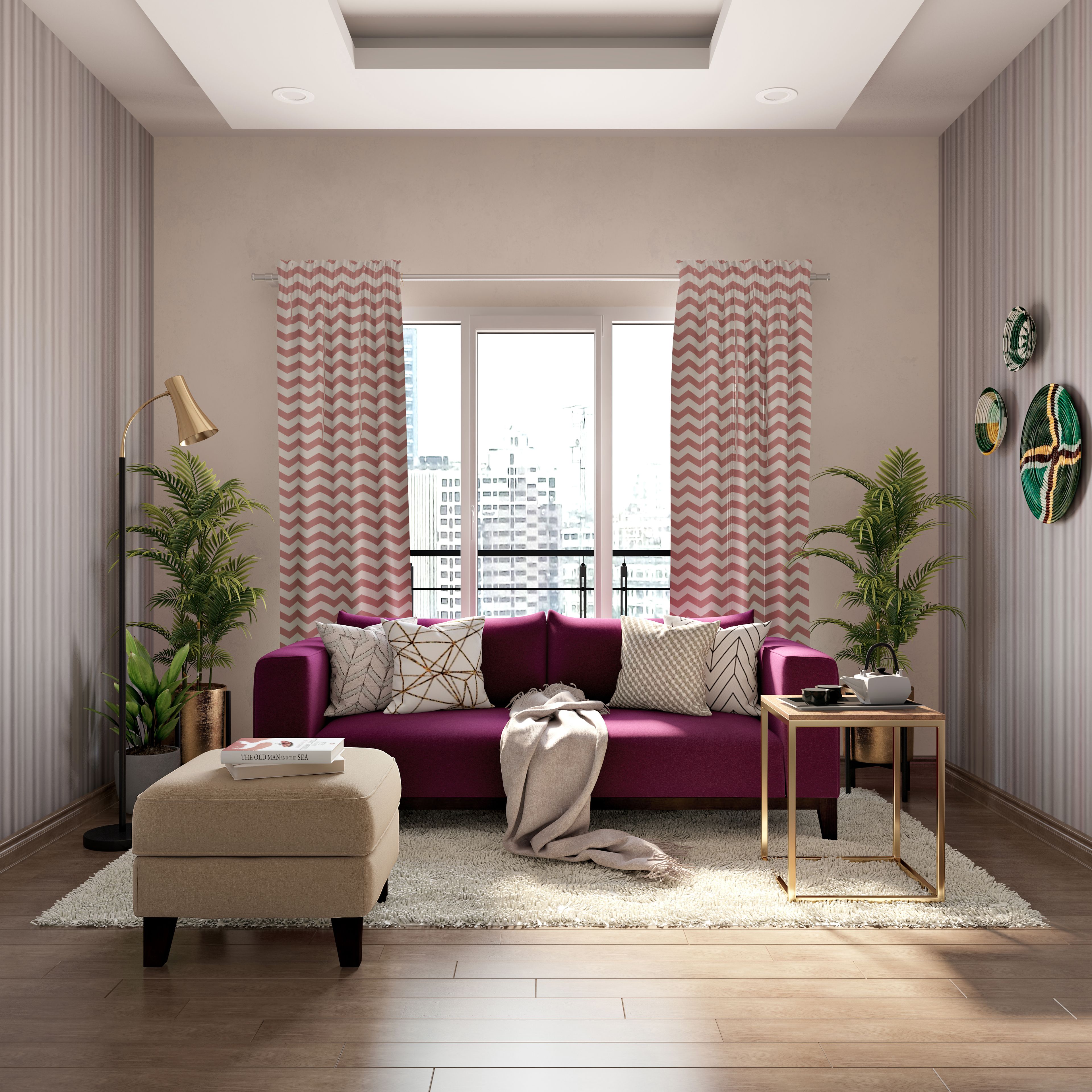 Modern Living Room  With Sectional Ottoman & Oak Wooden Floor