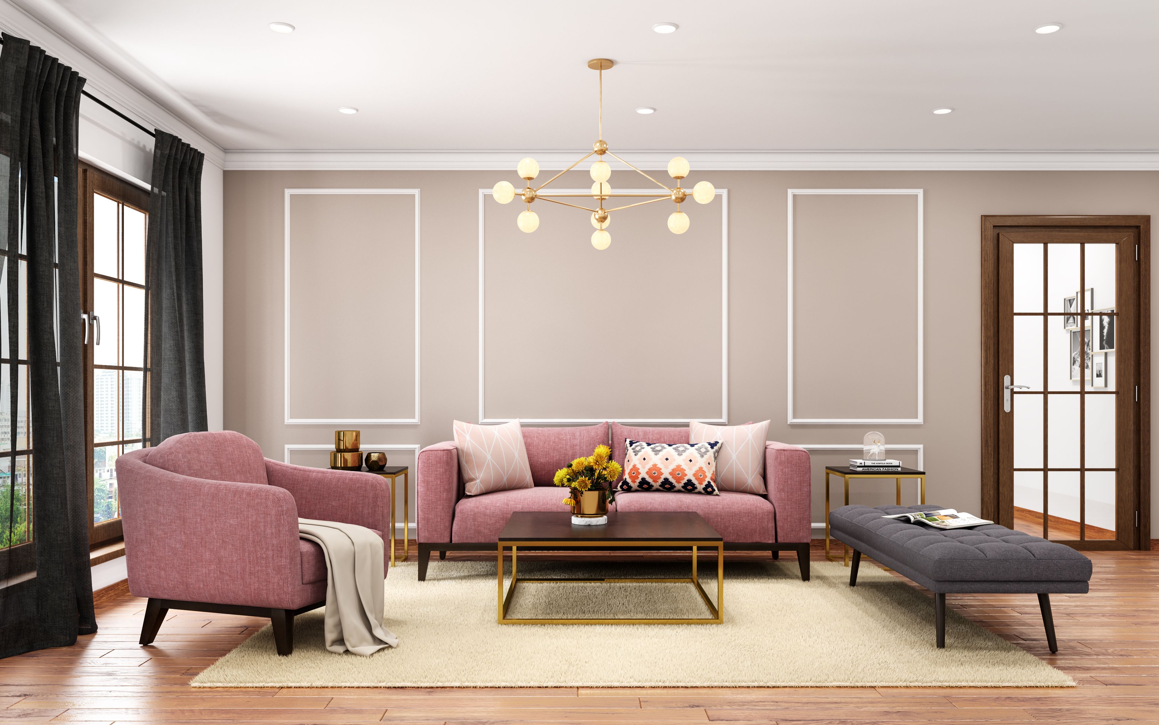 Spacious Modern Living Room With Hanging Pendants