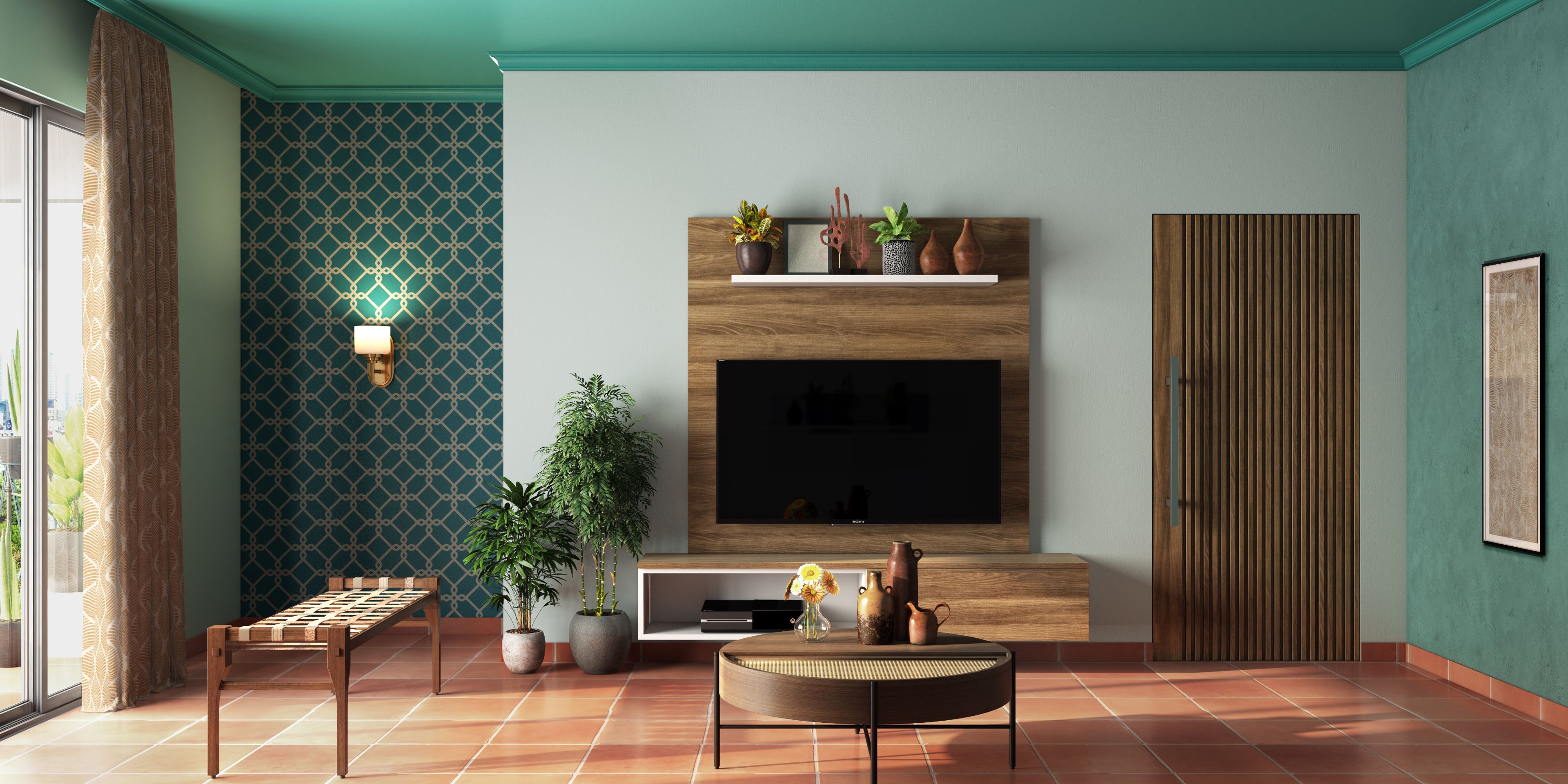 Living Room With Pattern Wallpaper, Potted Plants And Decor Wall Art