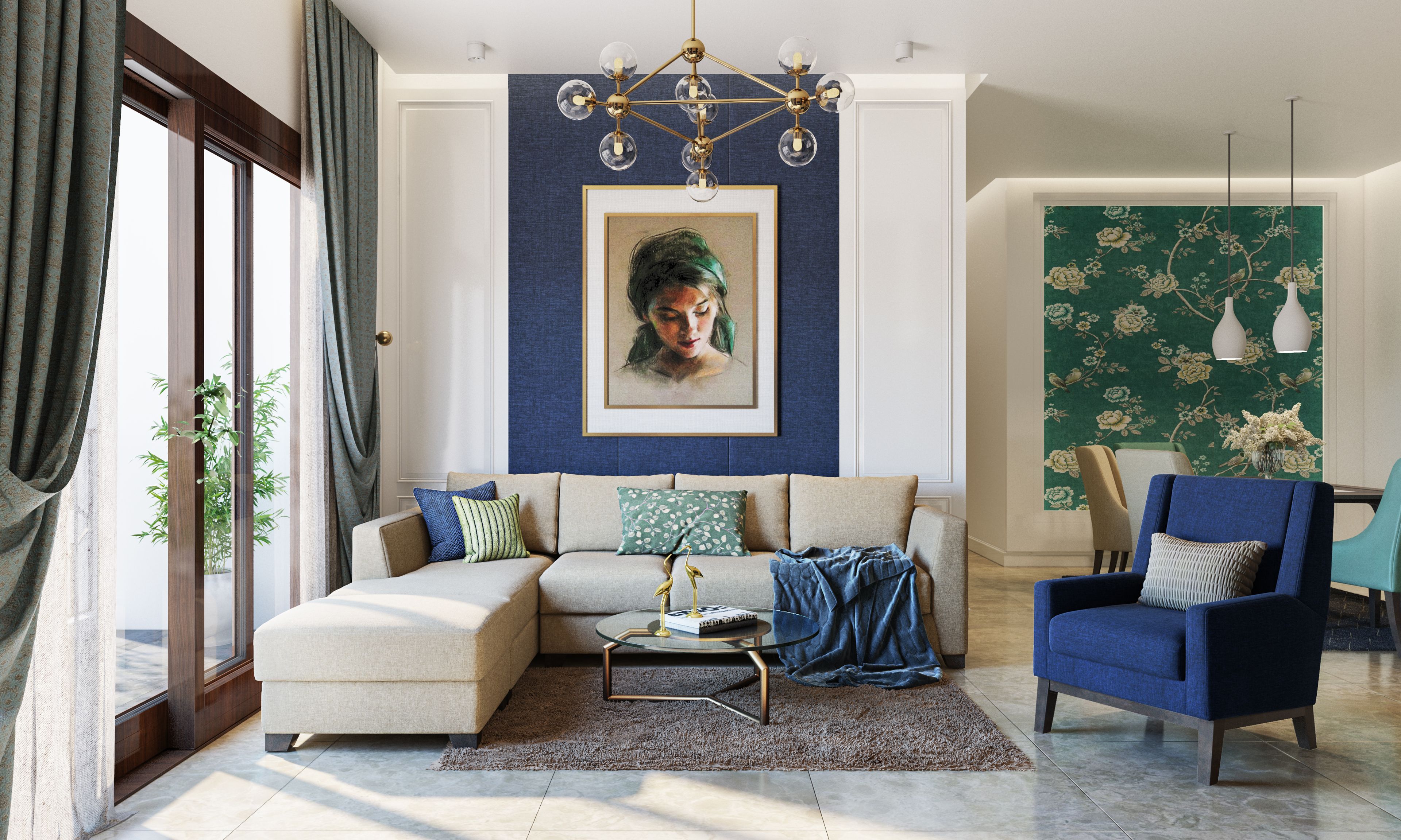 Small Living Room With Stylish Blue Accent Wall And Furniture