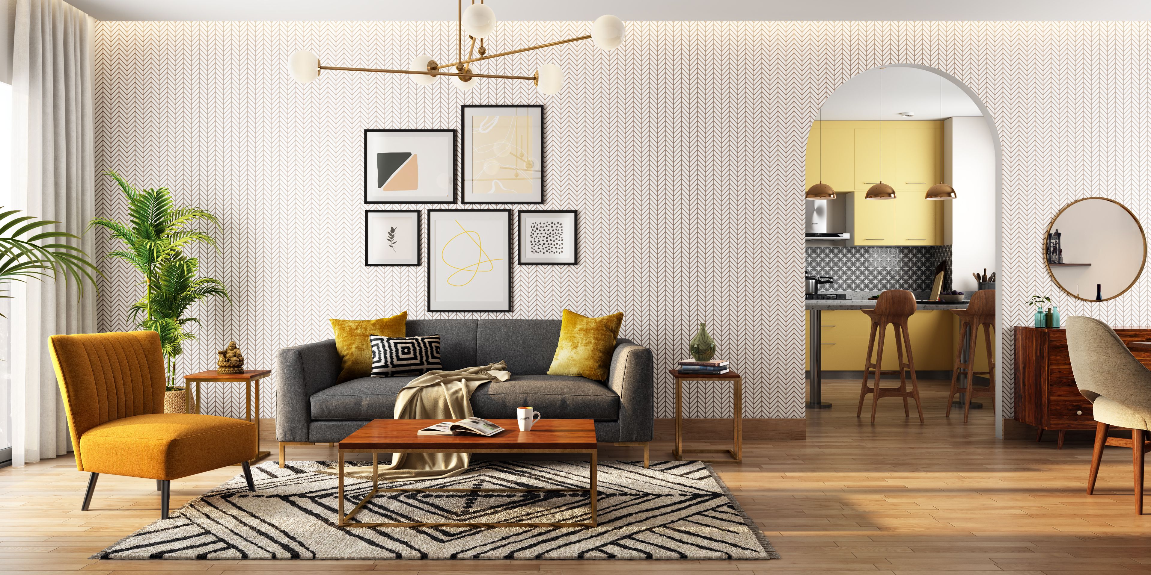 Budget Friendly Living Room With Circular Hanging Pendants