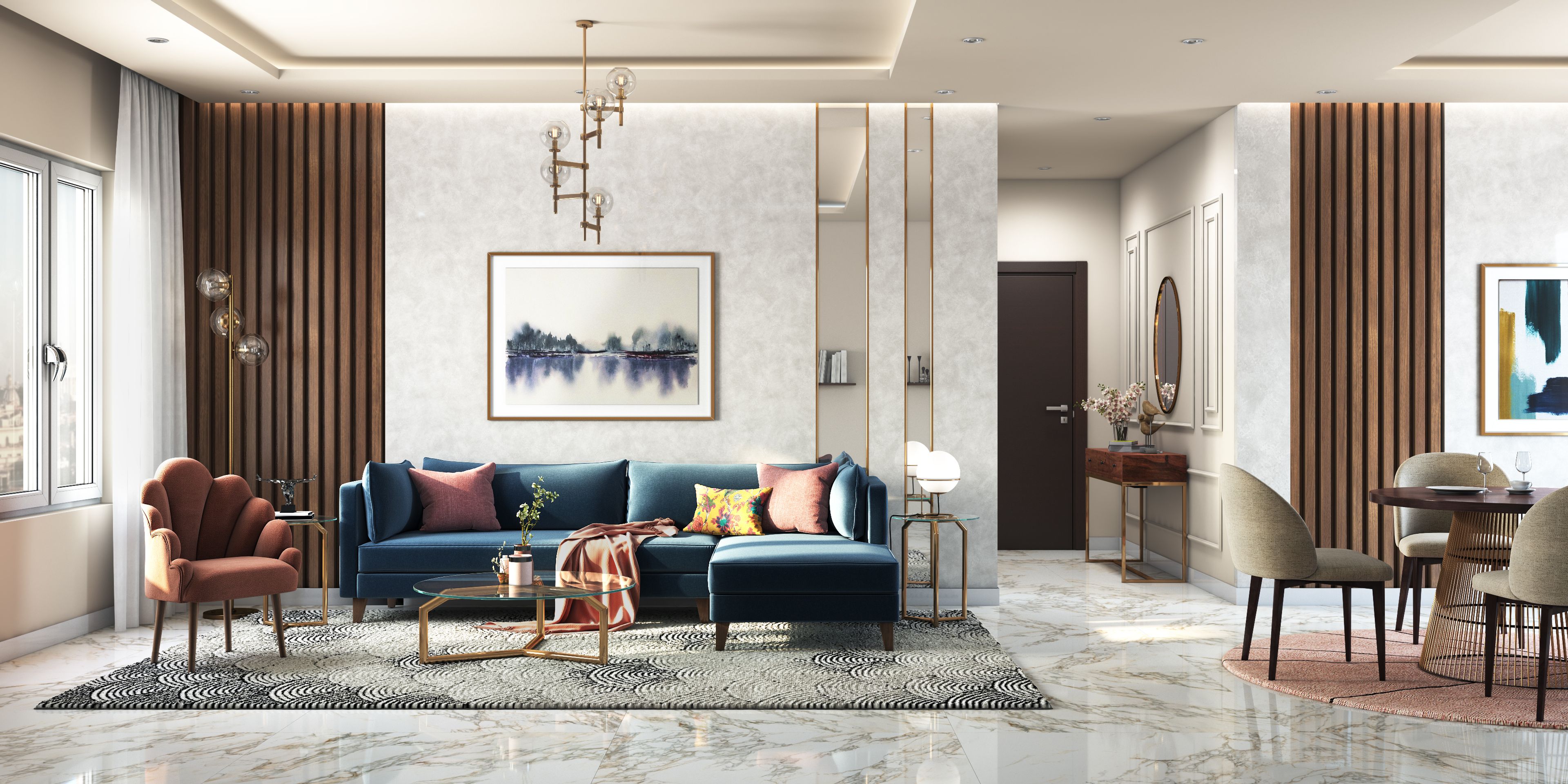 Spacious Living Room With Vertical Wooden Rafters and Sleek Furnitures