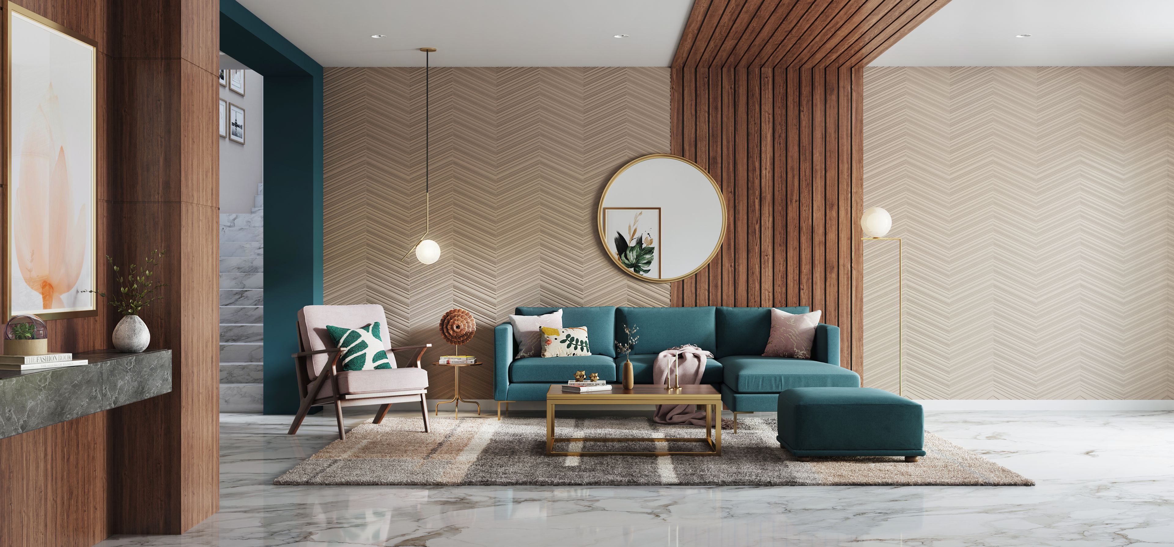 Spacious Living Room With Center Golden Frame Mirror and Marble Floor