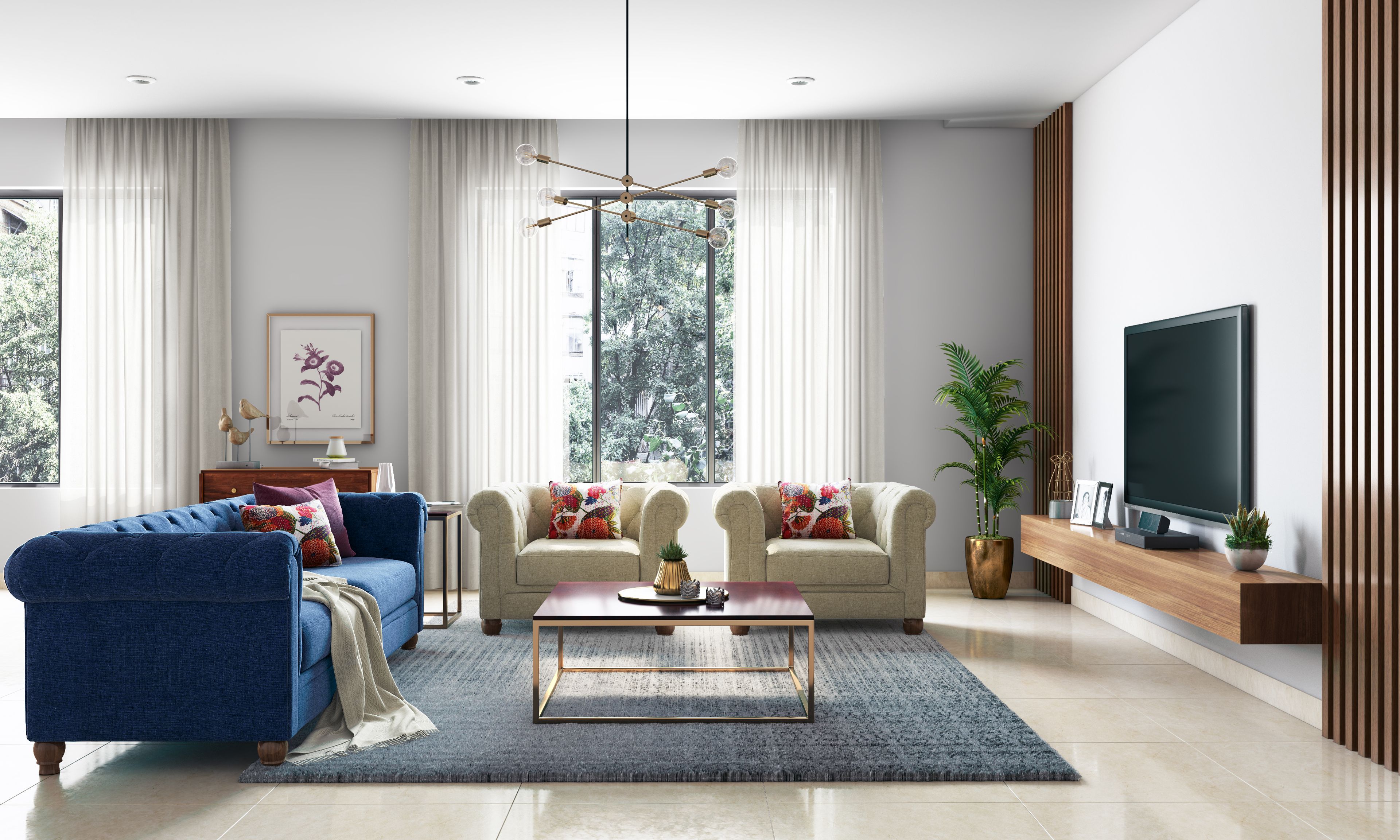 Well-Lit Spacious Living Room With Trending Blue Sofa And Wooden Console Table