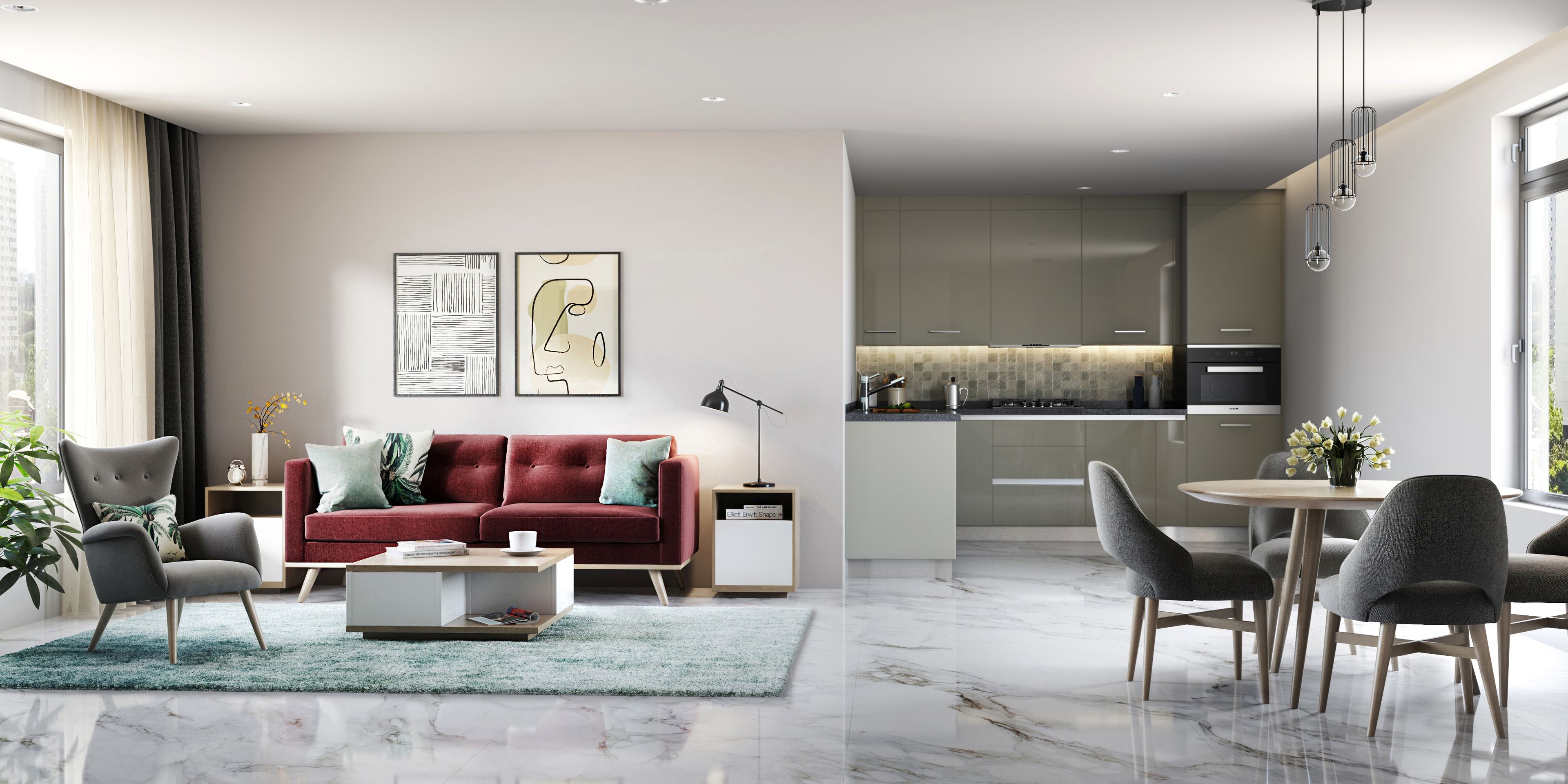 Modern Living Room With Display Side Table And Wall Art