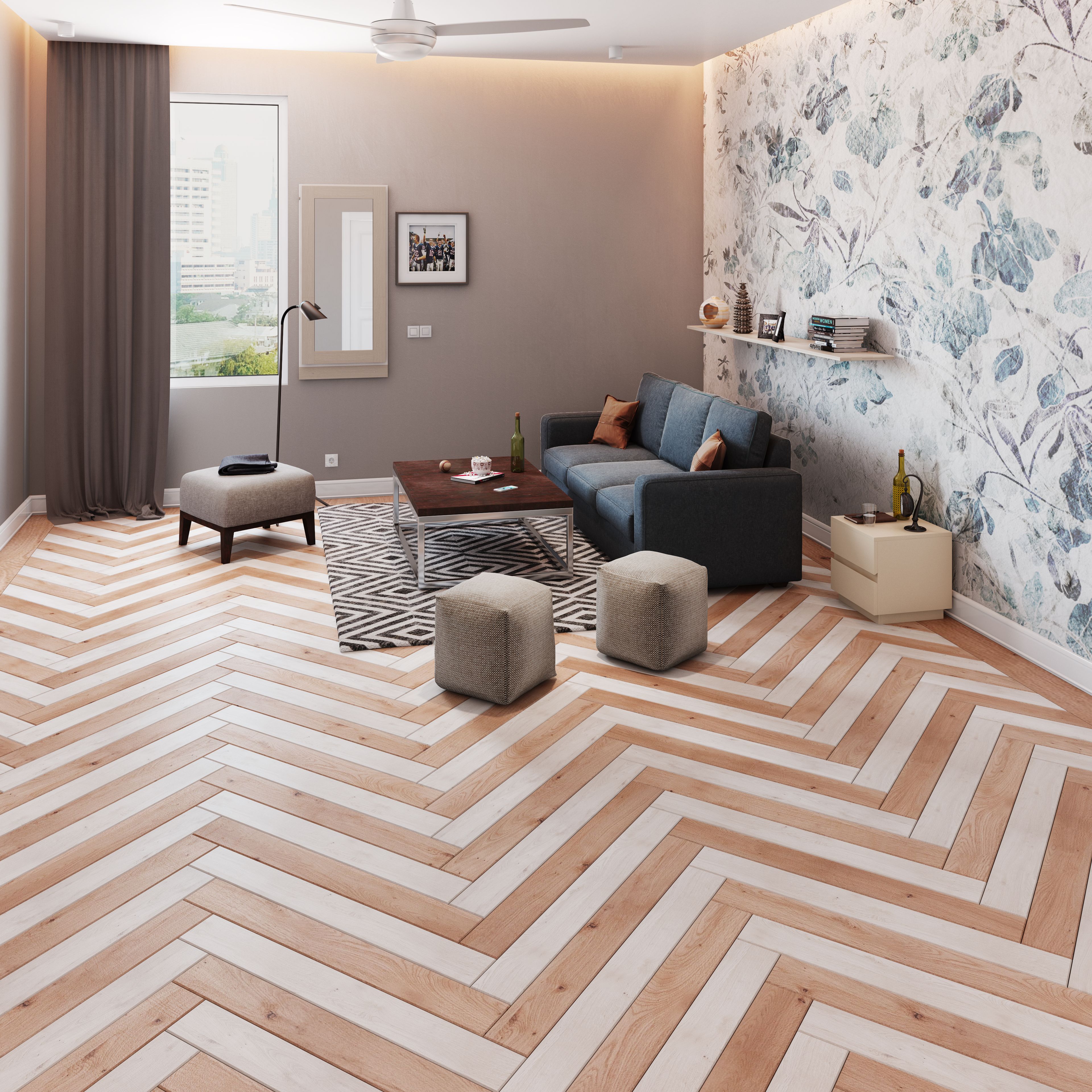 Small Living Room With Soft Furniture And Pattern Flooring