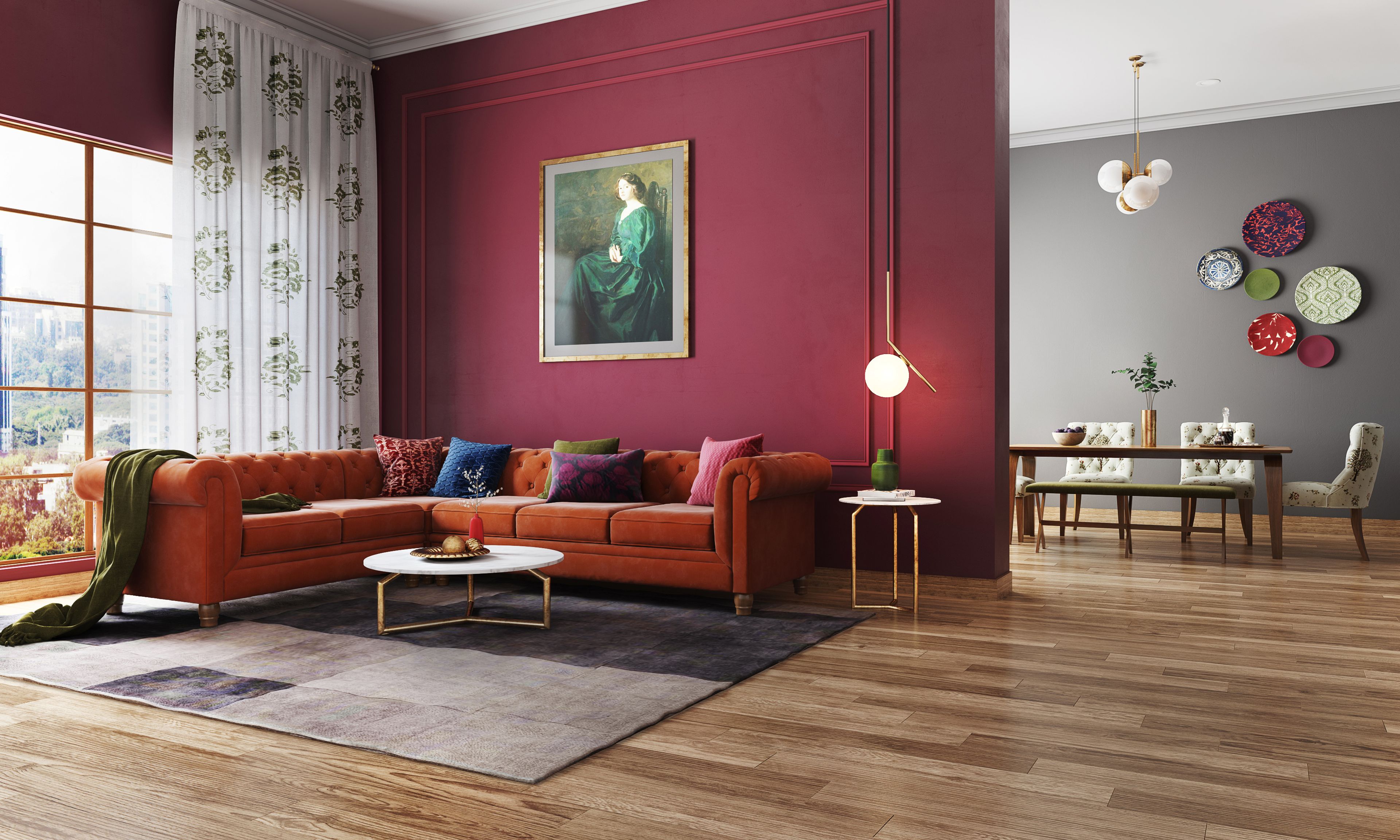 Spacious Modern Living Room With Maroon Paint And Hanging Pendants
