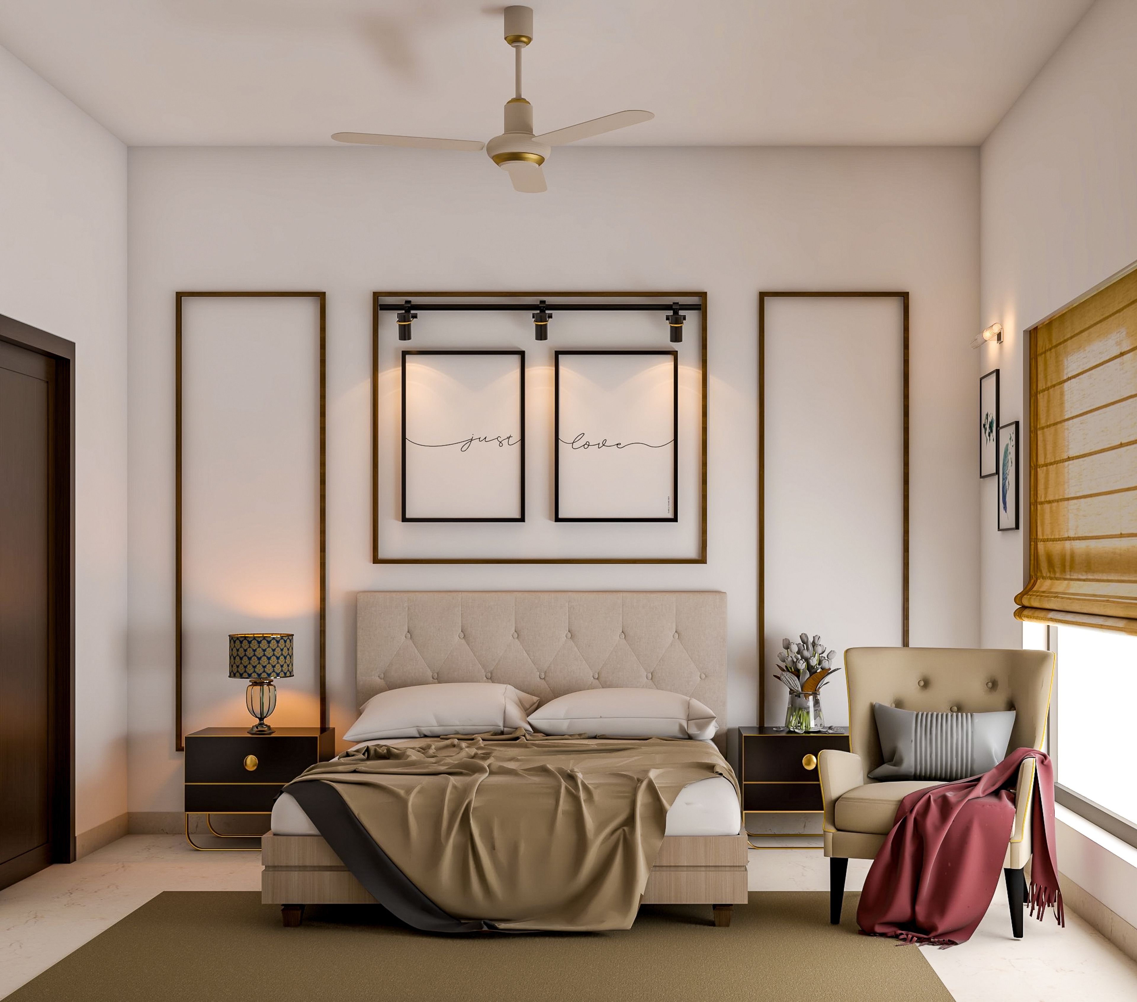 Small Modern Master Bedroom With Metal Trim Wall Accents