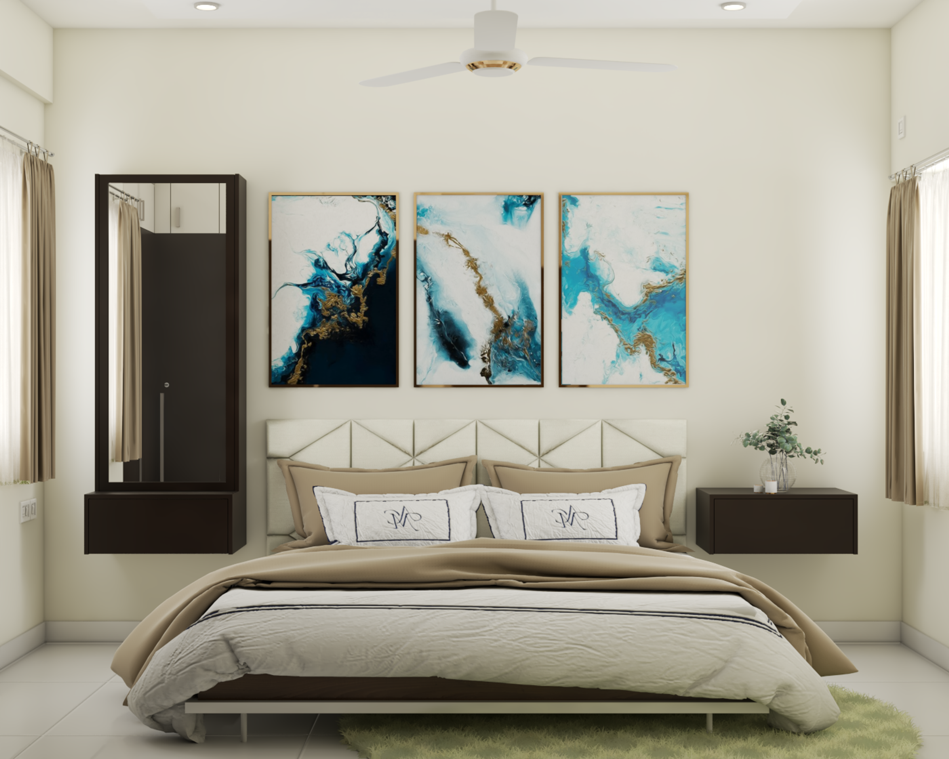 Small Coastal Style Master Bedroom With King Size Bed