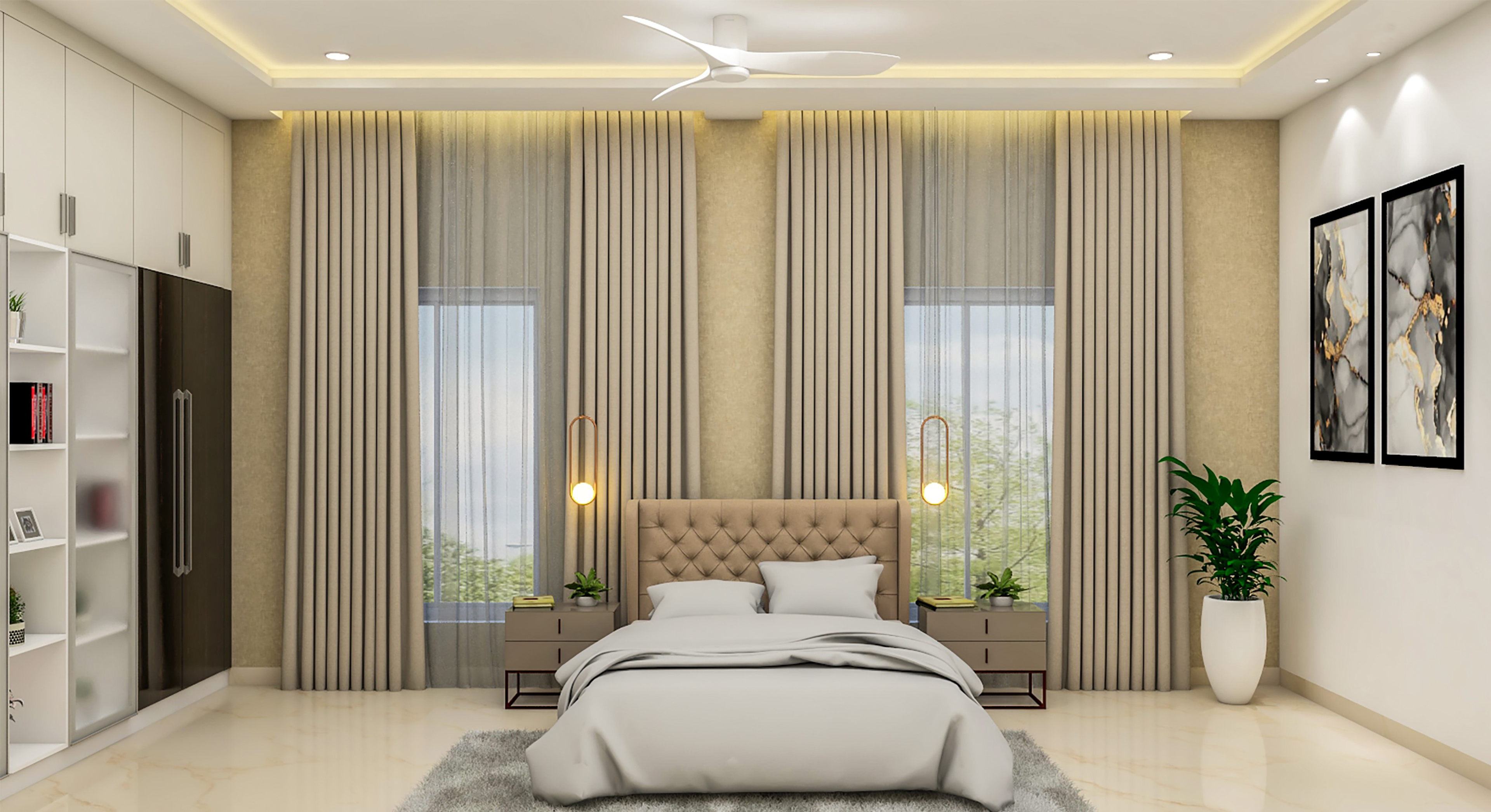 Classic and Bright Master Bedroom With Open Shelving