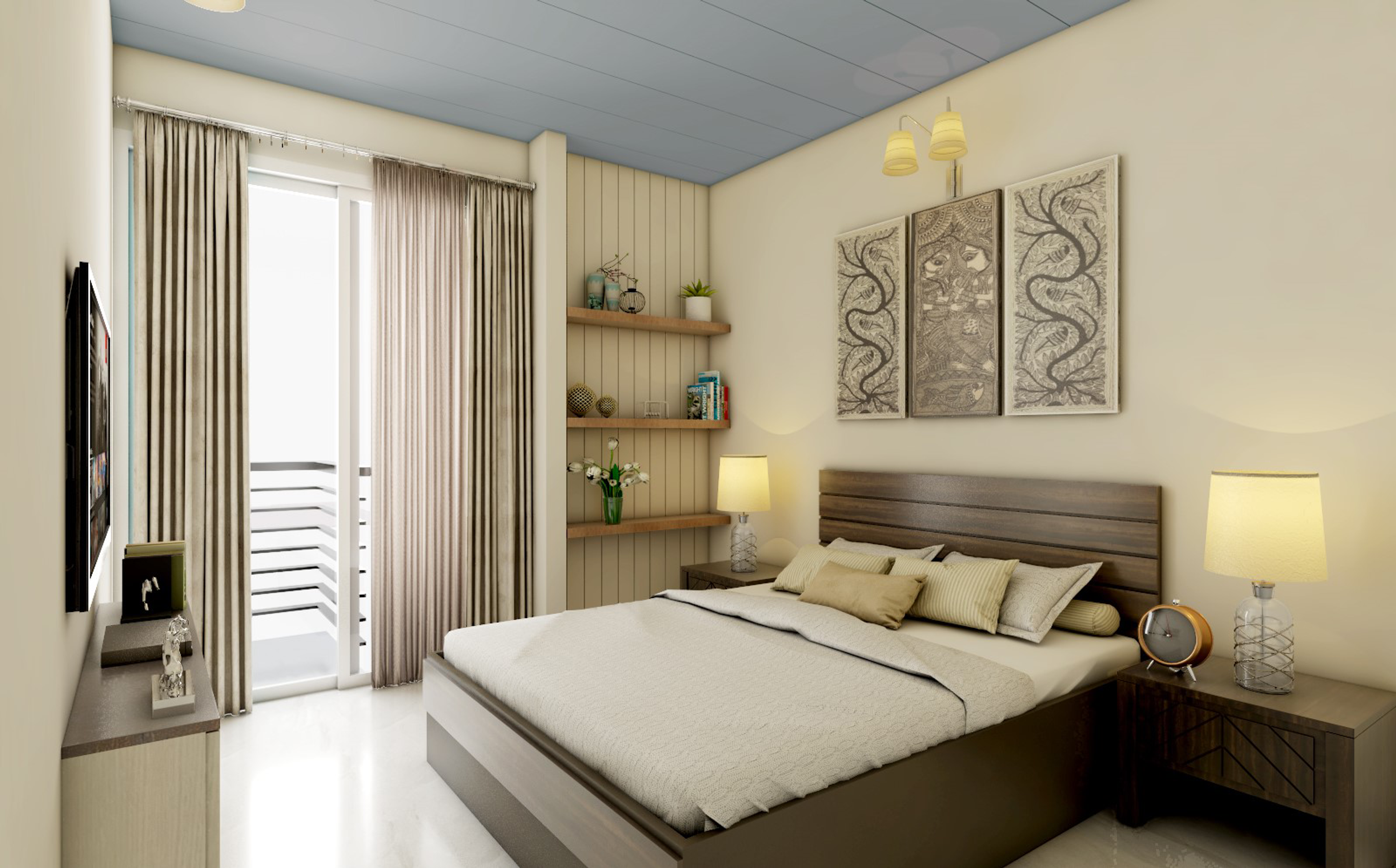 Classic Master Bedroom With Beautiful Muted Wall Paintings
