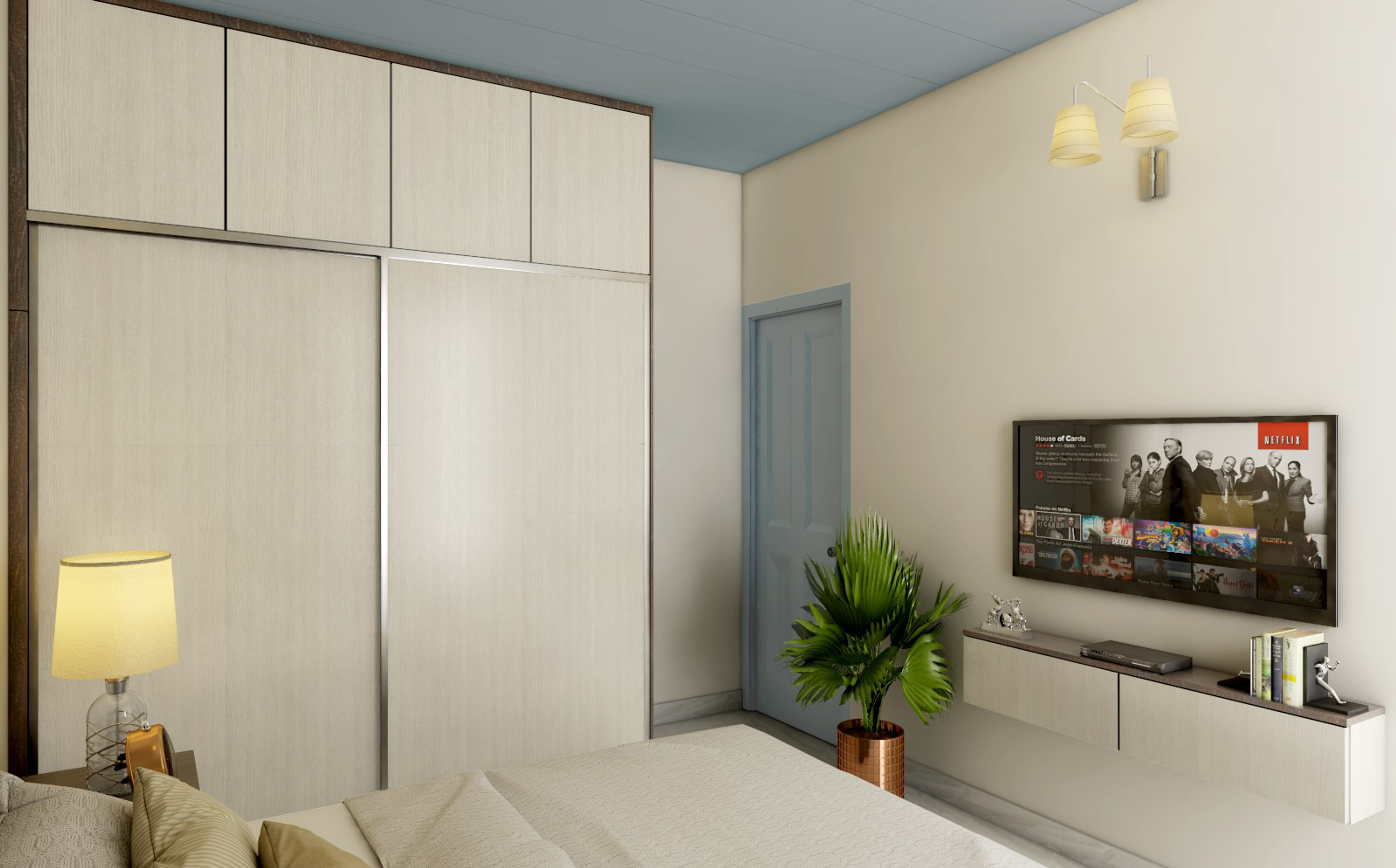 Contemporary Bedroom with Sliding Wardrobe - Livspace