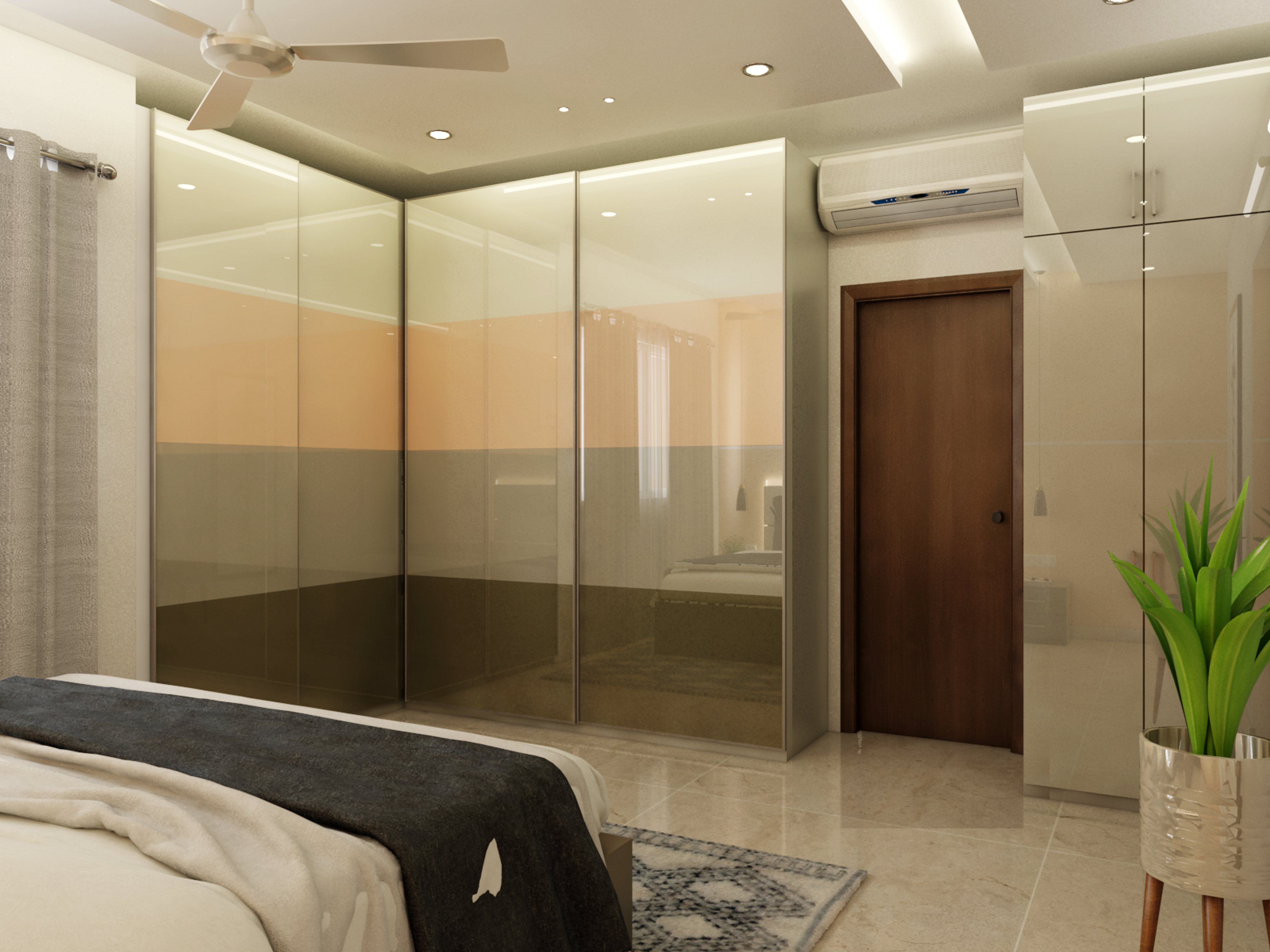 Compact Bedroom with Peach Accent Wall - Livspace