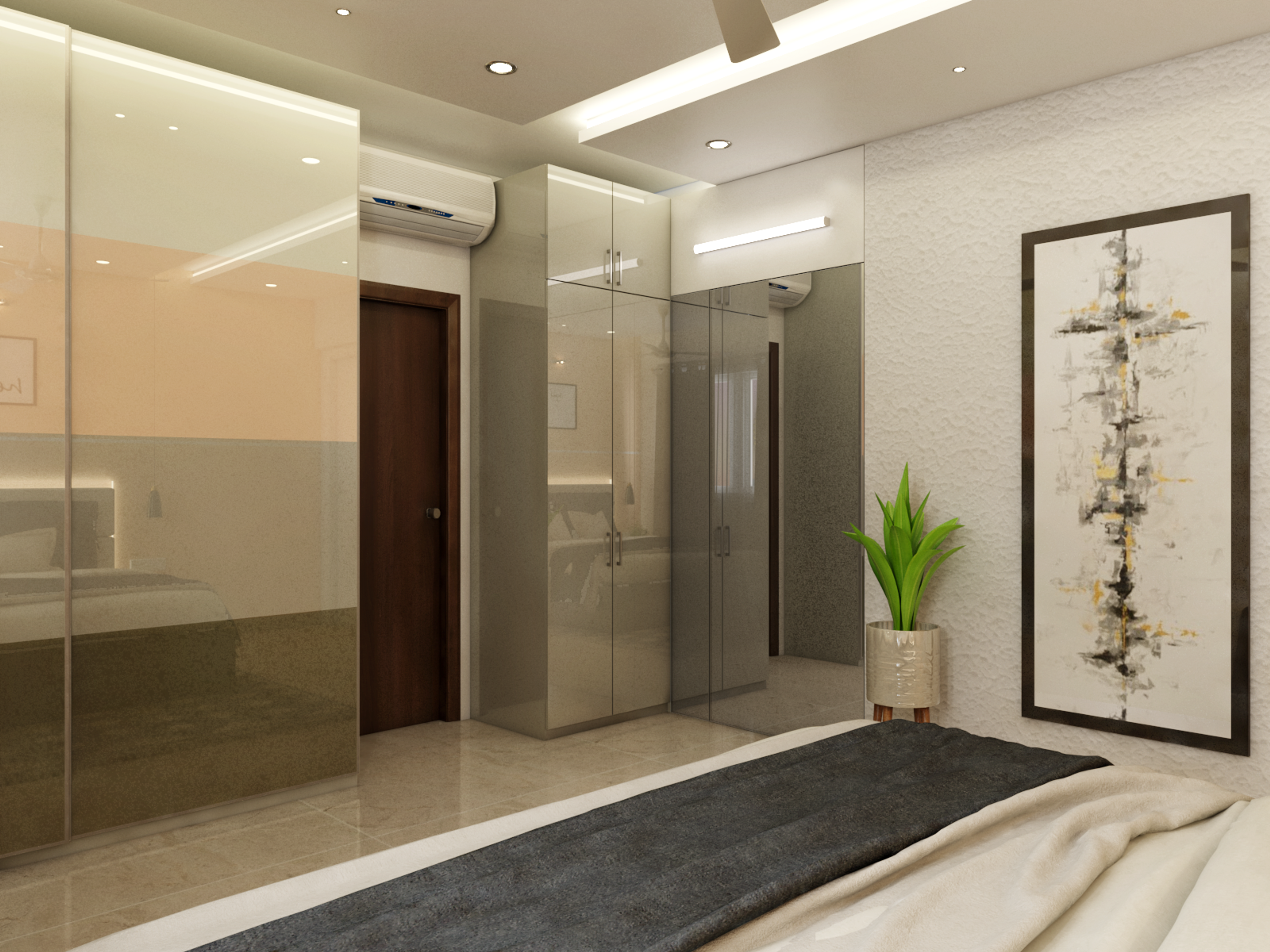 Compact Bedroom with Peach Accent Wall - Livspace