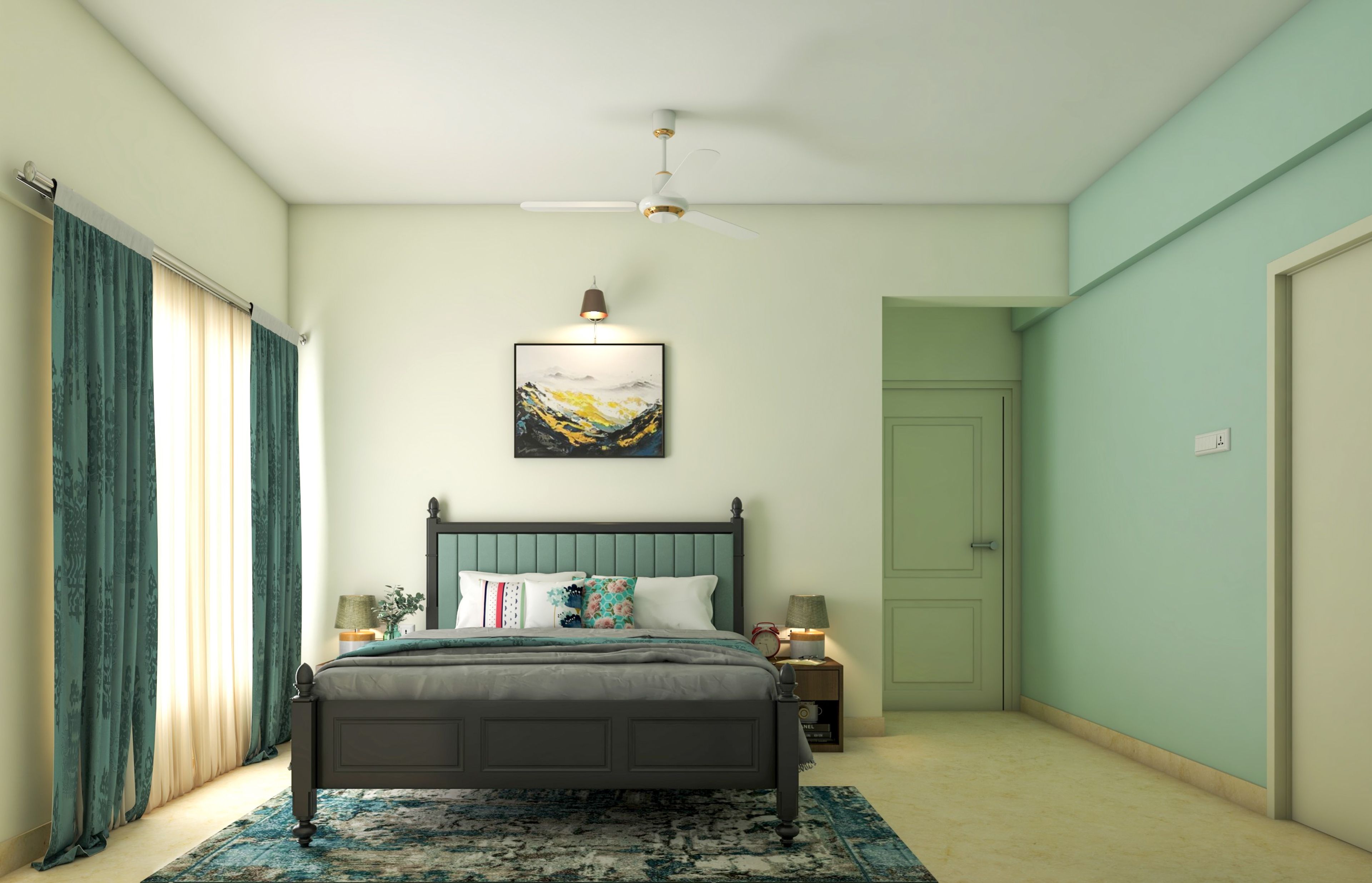 Small Rental Master Bedroom With Mint Green Accent Wall