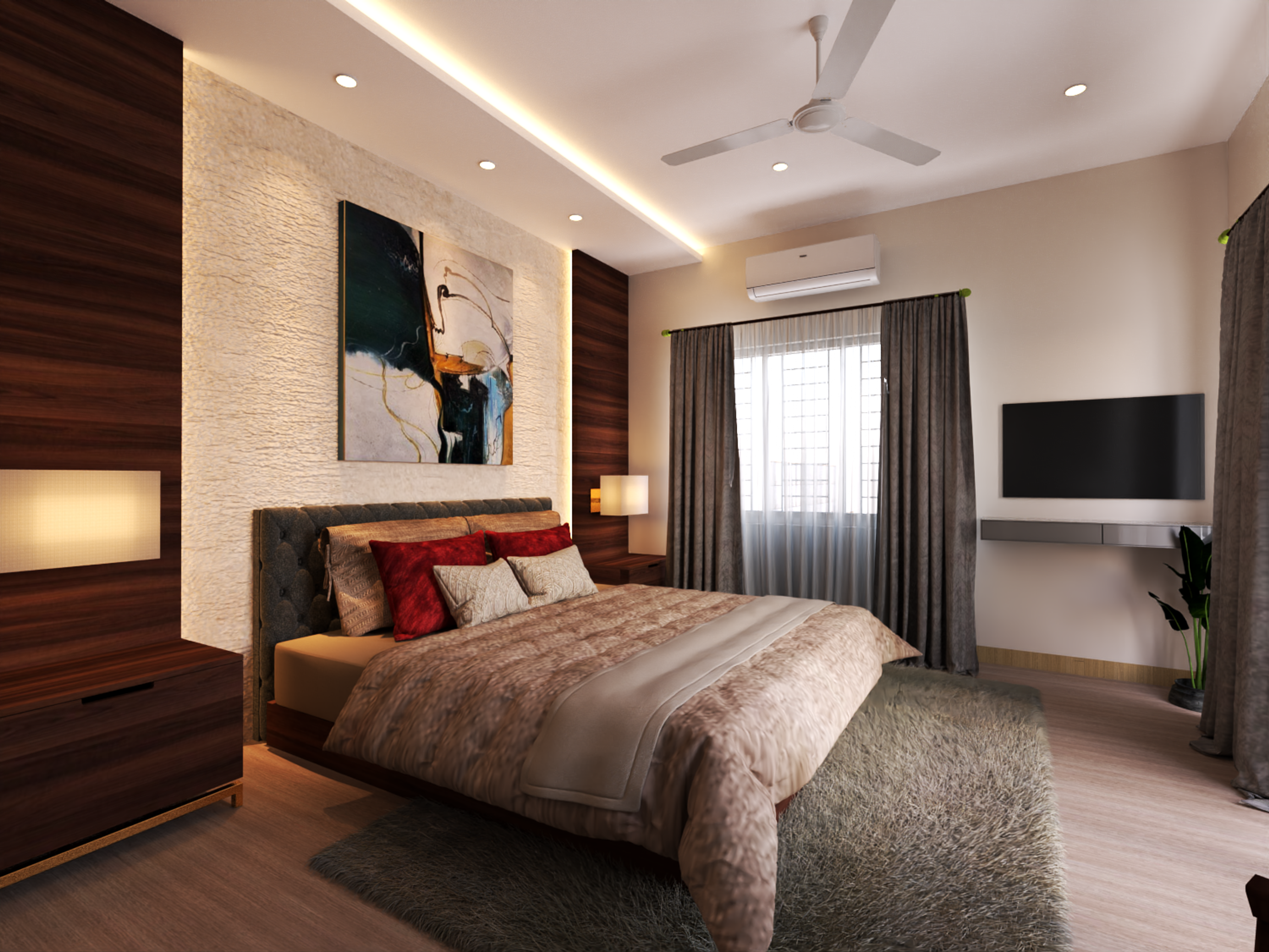 Contemporary Master Bedroom With Wardrobe And Abstract Wall Prints