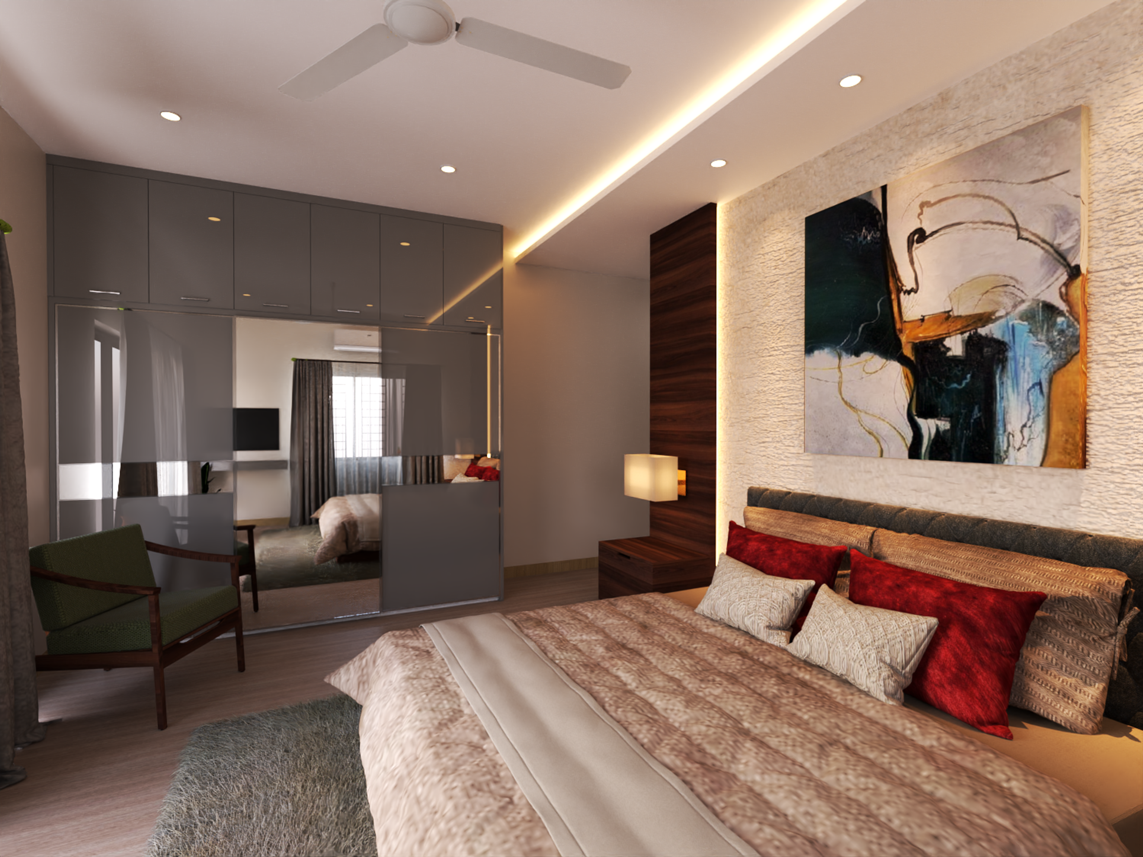 Contemporary Bedroom with Abstract Wall Prints - Livspace