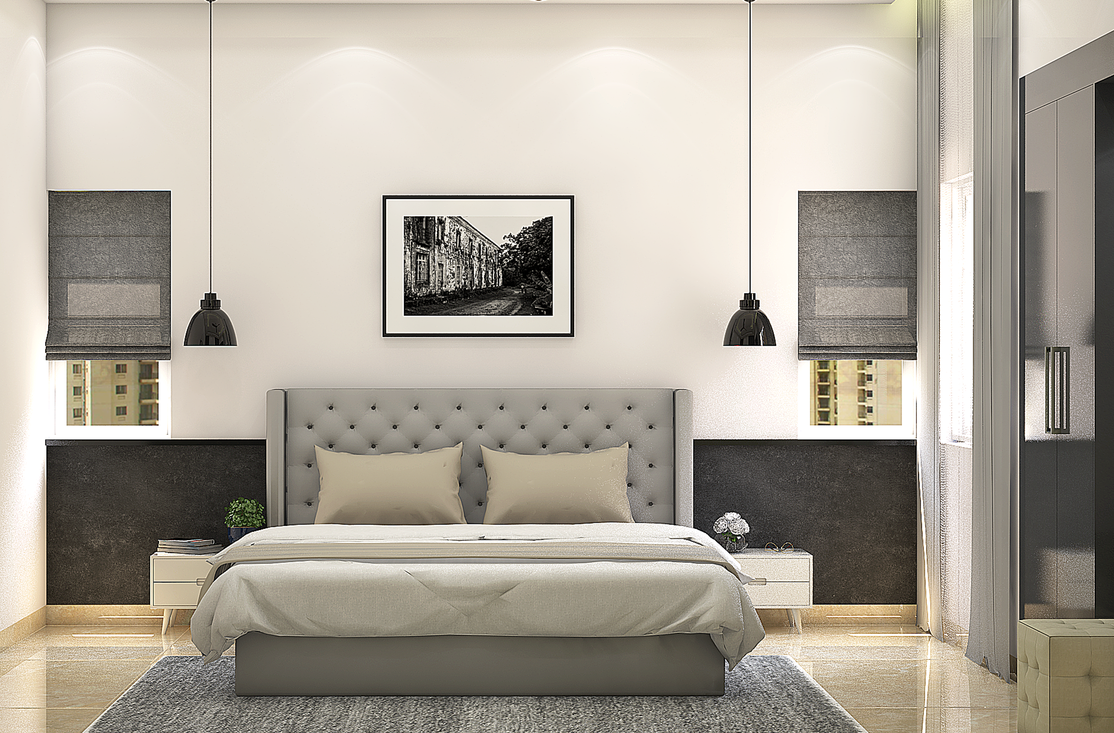 Small Symmetrical Master Bedroom With Hanging Lights