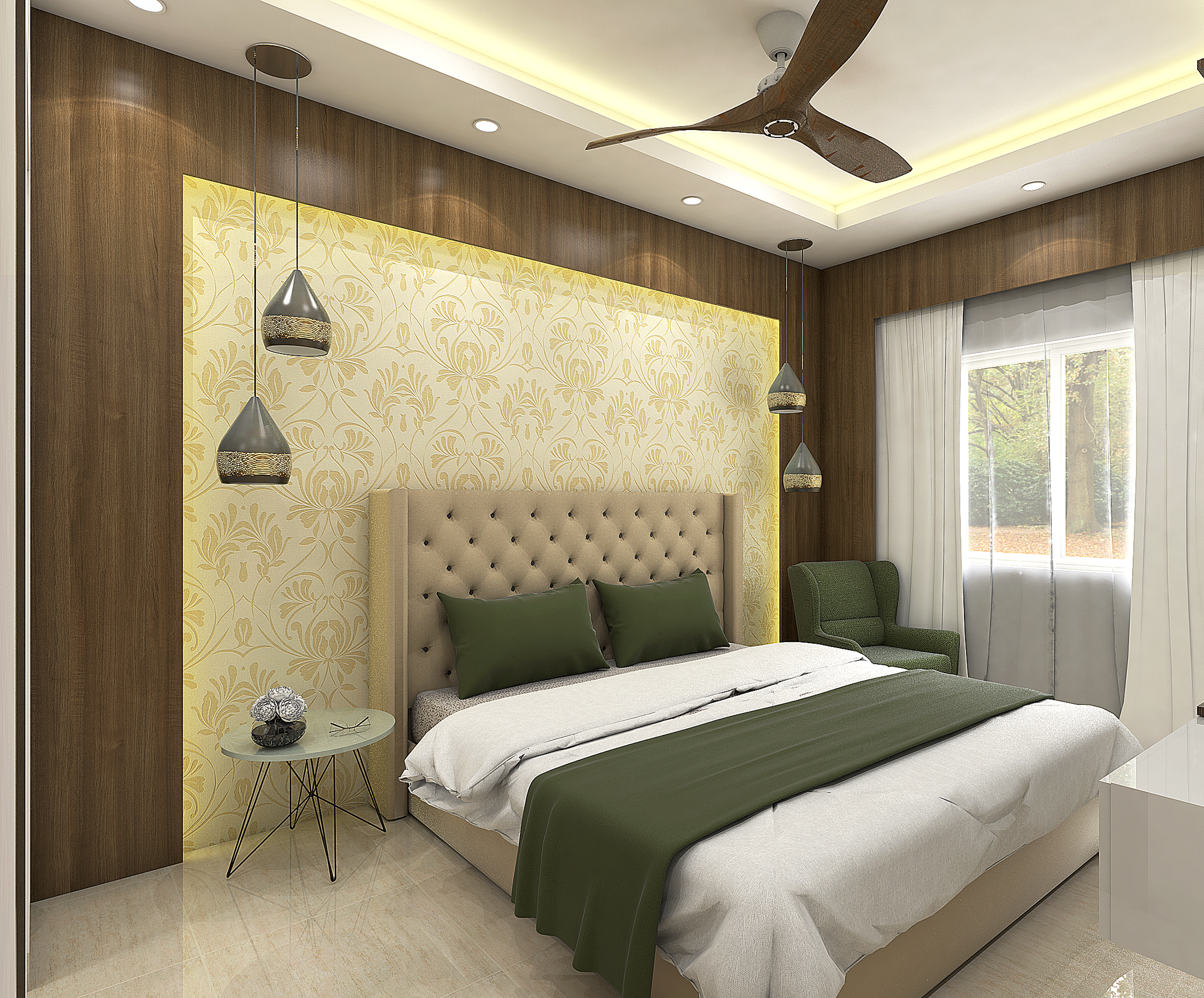 Modern Master Bedroom With Wooden Rafters And Accent Wallpaper