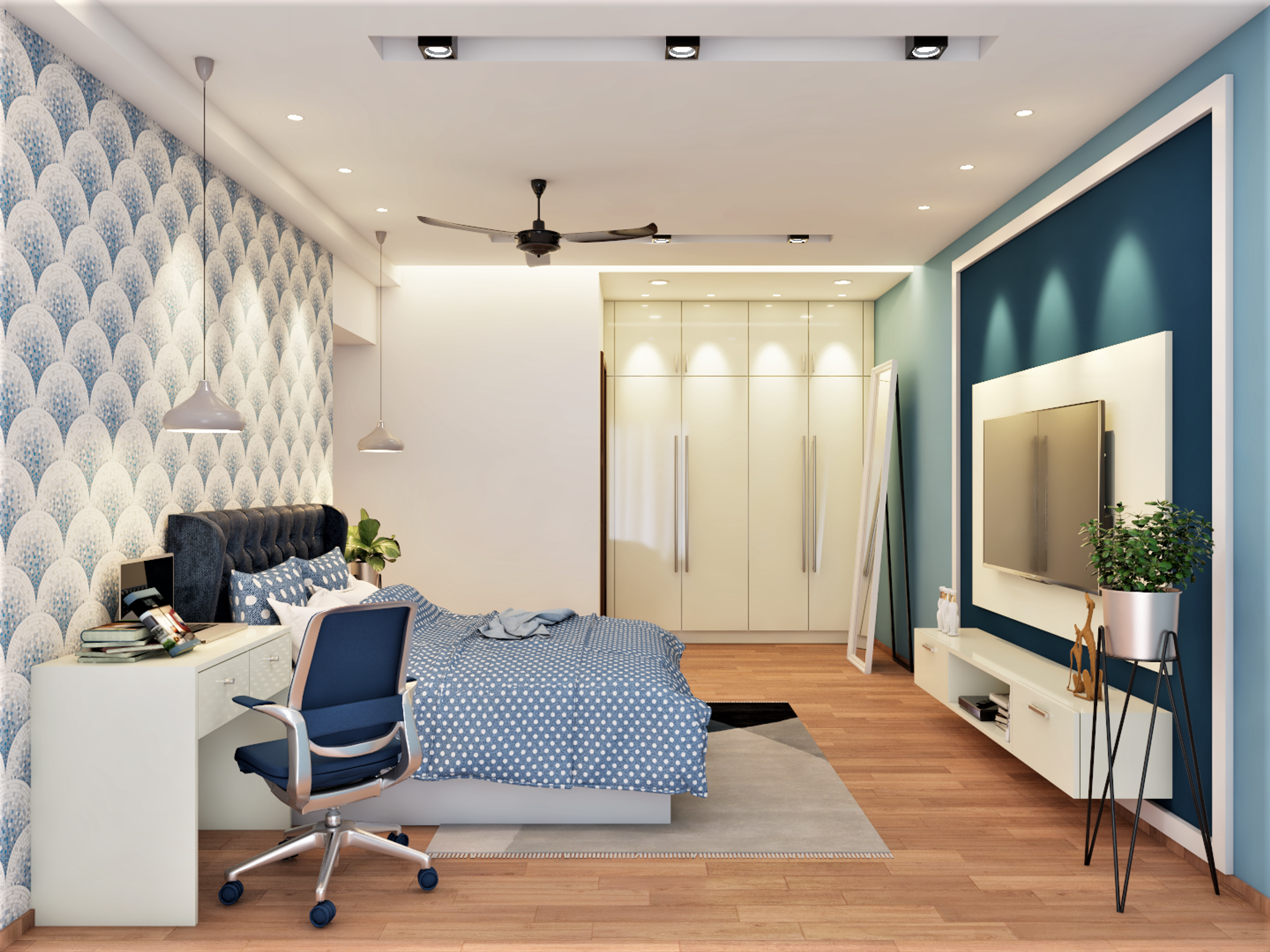 Blue Contemporary Master Bedroom Livspace