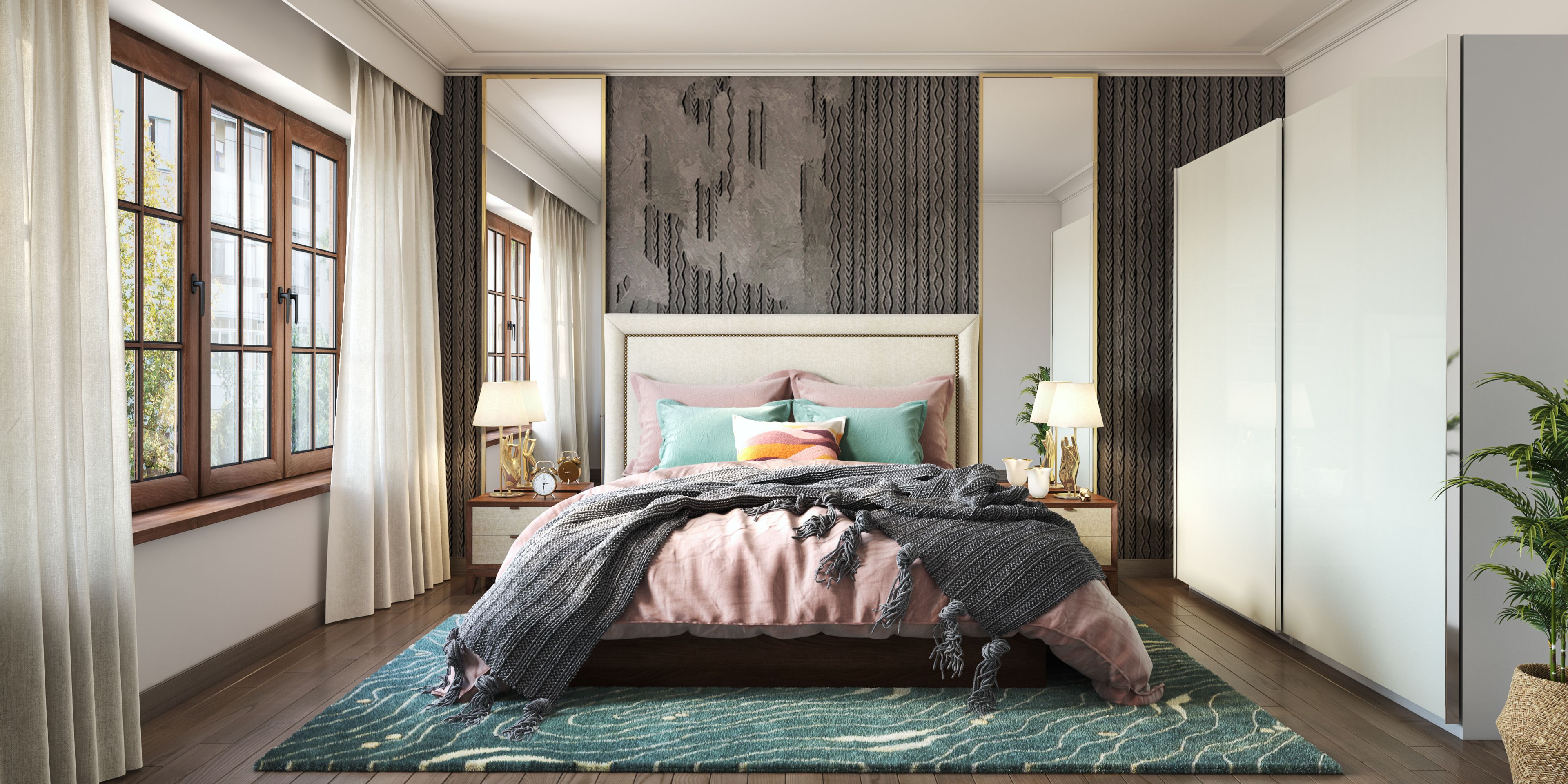 Small Rustic Master Bedroom With Mirrors And Abstract Print Wallpaper